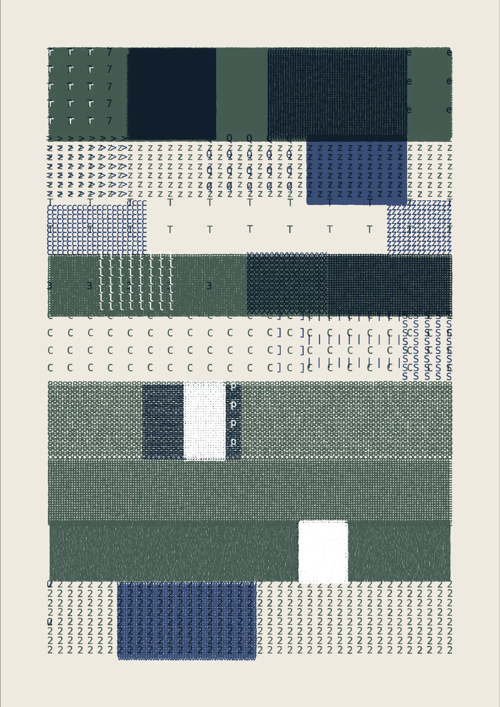 FOLIO is a generative drawing system, inspired by concrete poetry and early computer artwork, that emits an output process for a given input. Each output may be realized digitally, in print, or through another medium. The drawing system, coded in JavaScript, recursively packs bins of data to fill the page, constrained entirely by the use of typographic glyphs and a limited mono-, duo-, or tri-colour palette.