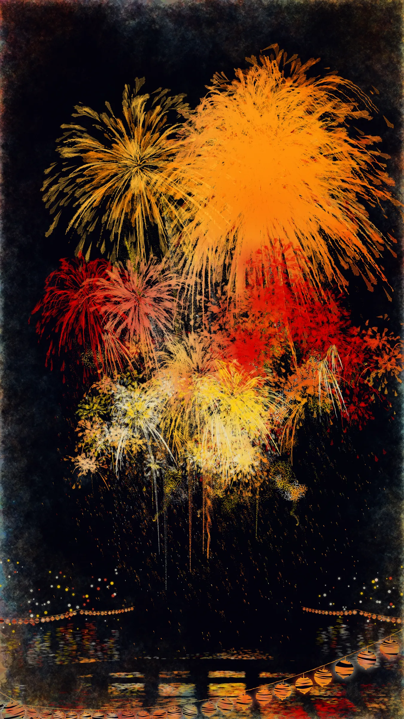 The theme of this work is fireworks and festivals, which symbolizes summer in Japan.

With fireworks as the central theme, it consists of the water surface reflecting the fireworks, the city lights in the distance, the silhouettes of the torii gates and arch bridge, and the twinkling lanterns. The shady black background expresses the smoky atmosphere.

The drawing algorithm of the work is inspired by traditional woodblock prints and contemporary scratch art. Base layer is drawn with pale watercolor-like gradation. On top of that, the shady black background is drawn. Then, the outline of the fireworks is carved out.

The color of fireworks is based on a chemical reaction called a flame reaction. The color palette of this work is also composed of typical flame reaction colors or their mixtures. Each color palette is inspired by the four seasons in Japan.

Enjoy the atmosphere of Japanese firework festivals with this work.