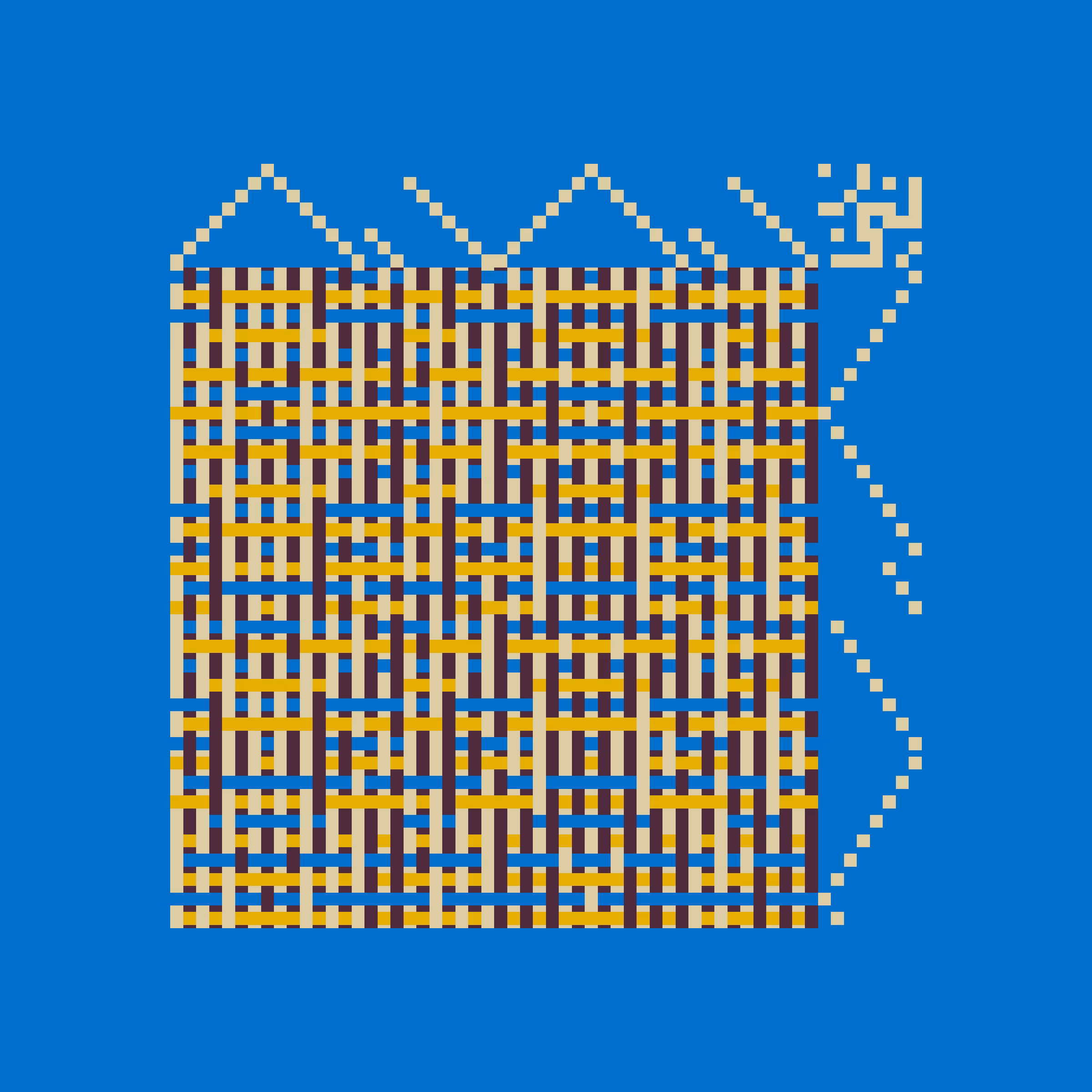 Enlace merges digital art with traditional cane weaving to craft physical objects from generative outputs. Each generative token is a piece of digital art and a set of instructions which can be used by the collector to create a unique chair or a woven canvas by Maison Louis Drucker, the historic Parisian chair manufacturer. The term "Enlace" denotes linking or intertwining in English and an embrace in French, emphasizing the project's aim to unite algorithmic code with the timeless human craft of weaving. Visually expressed through the format of the weaving draft, Enlace reduces its visual language, offering minimal instructions for creating woven pieces. It encodes potential rather than final product, providing the necessary instructions for crafting a woven chair or canvas, blending contemporary technology with traditional craftsmanship. By Aranda\Lasch in collaboration with Trame and Maison Louis Drucker.

's' to save image
't' to display text