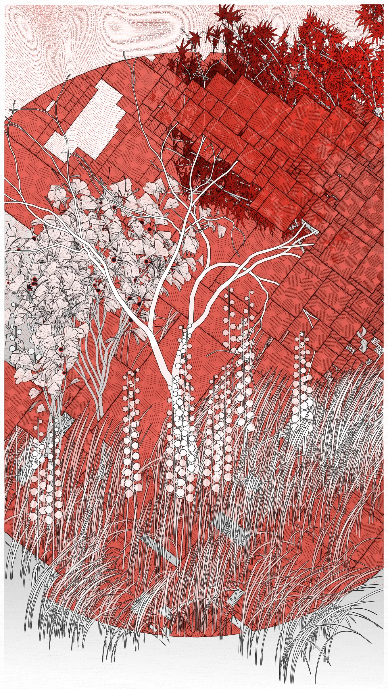 How can one create a work inspired by a city where one has never set foot? Moreover, a place on the other side of the world, whose history and cultural richness are of such dizzying density? I quickly realized that my work could only be imagined, dreamed, imbued with my Western culture, tinged with my distant prejudices. I worked with a visual approach above all, around a few chosen colors, representative tree species, and some clichéd symbols: for example, the composition is organized around 3 abstract shapes, including the circle, directly inspired by the rising sun on the flag, the rectangular shape of a kakemono, or a cityscape.
My distant feeling, entirely subjective, towards the city of Tokyo and the few images that came to me, was that of a place where tradition and modernity, nature and urbanism were intimately mixed. Not in opposition, but in an indissoluble tangle, a form of organic fusion despite some contradictions. But also, the place of dramas that history reports to us, such as the earthquake that this year marks the centenary of.
Coming to Tokyo was an old, somewhat intimidating dream for me. I have been here for a few days now, confronting my artistic proposal with the reality of this enigmatic city. I have taken only a few timid steps, cautiously trying to understand snippets of its functioning. Suddenly time stops, because I have perceived the whisper of a tree. I know nothing of the language, but I understand its language.
"Kumono Shingou" means "Cloud Signals" it is the title of a poem by the Japanese author Kenji Miyazawa, who was an agronomist dedicated to the social cause, at a time when successive natural disasters struck the country while modernity transformed it at a dizzying pace.
It is with a sense of grace that I receive this gift of a title for my work, which was given to me by Kazumasa Teshigawara (Qubibi). It is a small door that has opened for me on an element of Japanese culture. This is what Qubibi does: he creates small doors and opens them slightly to allow us to glimpse, with kindness and simplicity, but also in enigmas, a little light and soul, a fleeting spark, a reflection of what, hidden, is the very treasure of humanity.

One cannot absorb a culture, only experience it. Some encounters can connect you to it, much like synapses in your brain connect pieces of information and influence the construction of your being.
Certainly, one does not come to Japan to find answers, but rather to encounter questions. And here I am, in the middle of the night, gazing up at the sky, wondering: what do the clouds want to warn us about? Suddenly, I am enriched by my ponderings. Who am I, here ? A mere dot on this Earth, a human somewhere on the road, from the cradle of Nature en route to our technological and dematerialized utopias.

——— 
"Kumono Shingou" 
- Generative artwork in 100 editions
- Released for Bright Moments "The Tokyo Collection" on May 5th, 2023
- Coded in Vanilla Javascript 
- Format portrait 9/16, 4K résolution 2160 × 3840 pixels
- In live mode, pass a parameter ‘scale’ to the URL (up to scale=5.4) to get a higher definition output
- In live mode, press ’s’ to get a .SVG file suited for experimenting with a pen plotter