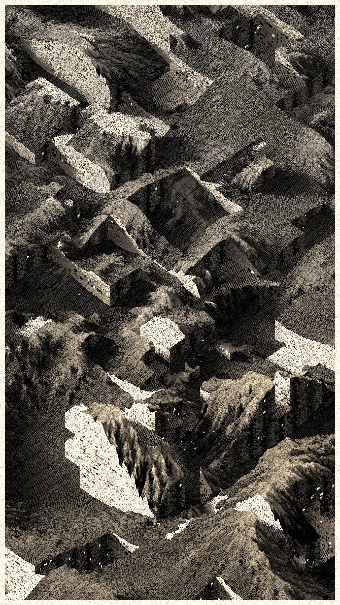 In aerial photos from 1945, you can see dozens of buildings crammed around the main street of Gallarta - a town 13 km northwest of Bilbao. The street leads to a small open pit where they extract iron. Images from 1956 and 1965 show how the road becomes shorter, and houses once surrounded by fields are now on the pit's edge. Some of them disappeared to facilitate access to the ore. The mine grew, consuming mountains, meadows, and settlements.

Gallarta disappeared in 1977, replaced by a chasm extending across the area until today. The open pit extraction in the mine stopped being profitable only six years later. The scar it left on the surface of the mountainous area is a monument to the disappearance of this and numerous other towns with similar stories.

Cantera is a project that brings these stories to a non-physical, generative space. It replaces atoms of stone and soil with digital bits. It draws landscapes inspired by the imagery of Basque stone quarries and iron mines and writes narratives about non-existent habitats where the boundaries between extraction, shelter, and natural forms become indistinct.