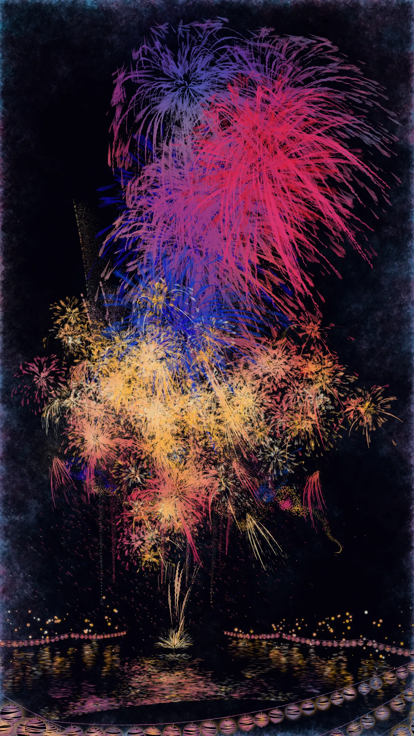 The theme of this work is fireworks and festivals, which symbolizes summer in Japan.

With fireworks as the central theme, it consists of the water surface reflecting the fireworks, the city lights in the distance, the silhouettes of the torii gates and arch bridge, and the twinkling lanterns. The shady black background expresses the smoky atmosphere.

The drawing algorithm of the work is inspired by traditional woodblock prints and contemporary scratch art. Base layer is drawn with pale watercolor-like gradation. On top of that, the shady black background is drawn. Then, the outline of the fireworks is carved out.

The color of fireworks is based on a chemical reaction called a flame reaction. The color palette of this work is also composed of typical flame reaction colors or their mixtures. Each color palette is inspired by the four seasons in Japan.

Enjoy the atmosphere of Japanese firework festivals with this work.