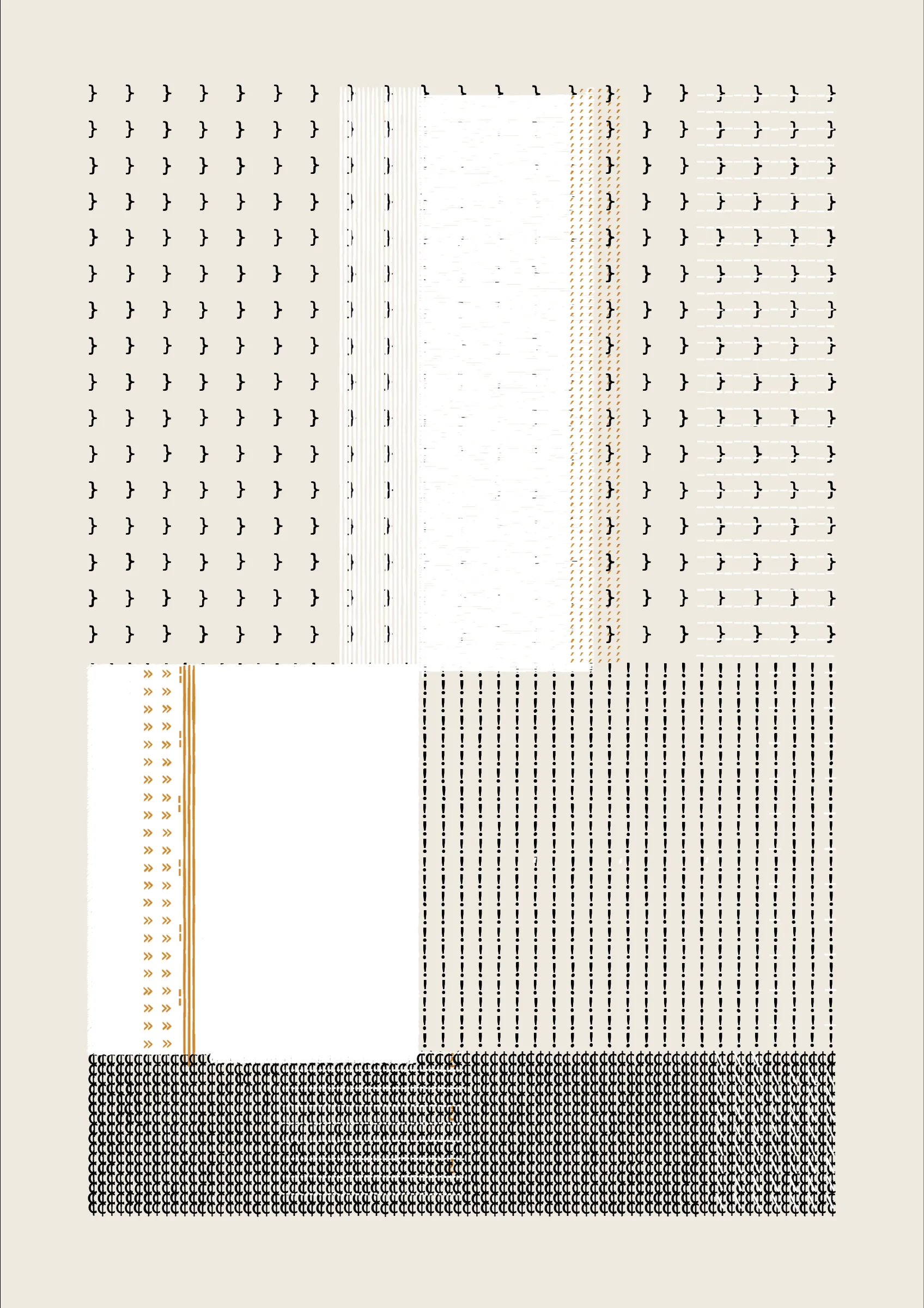 FOLIO is a generative drawing system, inspired by concrete poetry and early computer artwork, that emits an output process for a given input. Each output may be realized digitally, in print, or through another medium. The drawing system, coded in JavaScript, recursively packs bins of data to fill the page, constrained entirely by the use of typographic glyphs and a limited mono-, duo-, or tri-colour palette.