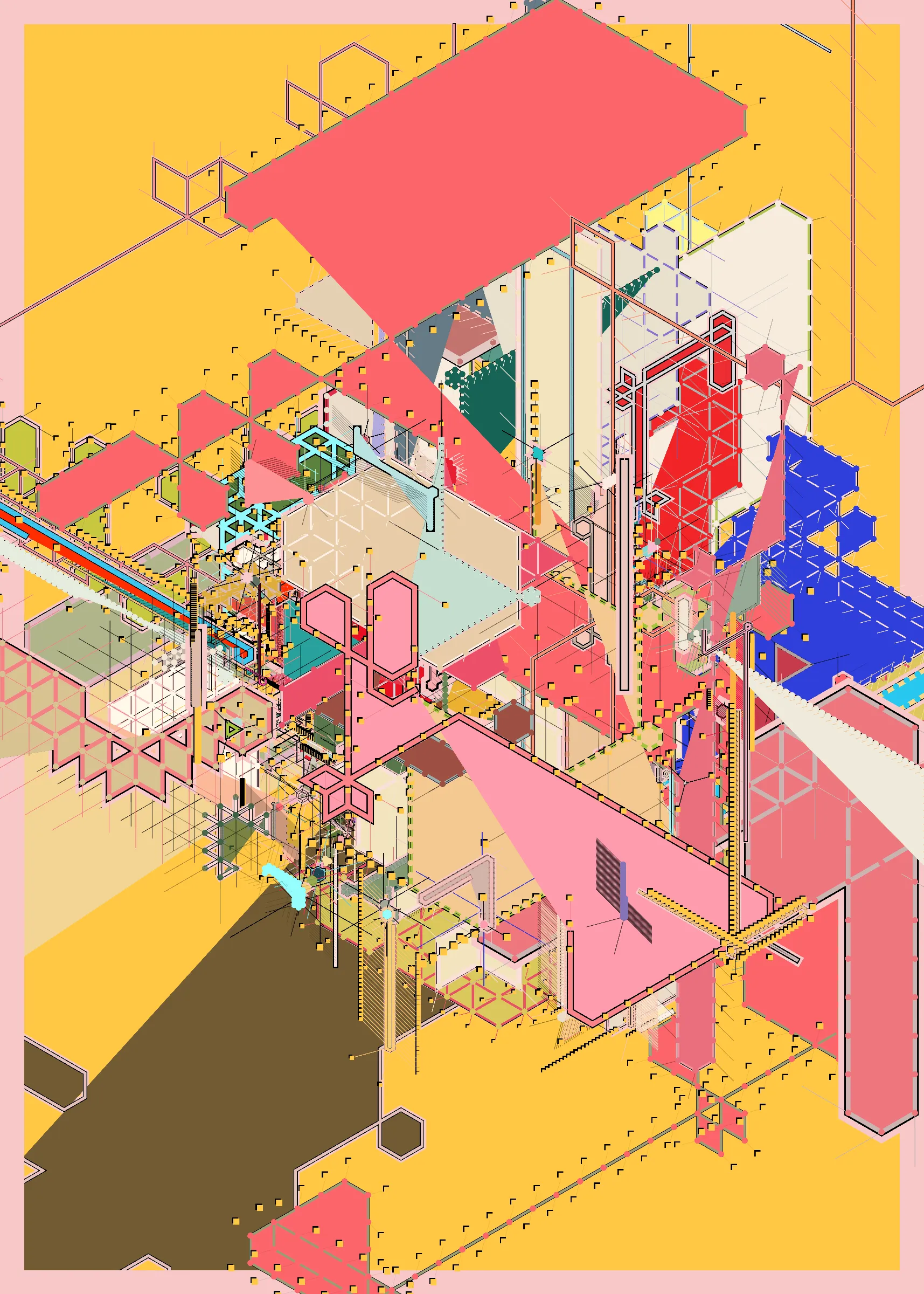 "Caminos" es la relación del trabajo de artista con el uso de colores y geometría a través de los los patrones, situaciones, personas y objetos en los mercados, las calles, los edificios, los colores y demás elementos que consituyen la ciudad. Esta obra es un tributo a esa cultura, similar a una ciudad que se va creando mediante capas, dando como resultado un caos formado a partir del color, de diversas geometrías y más elementos que van cambiando a través del tiempo.

La composicición final de este proyecto es conformada por 5 capas que van creandose con el paso de los segundos dentro de la obra. Con las teclas 1 - 5 puedes interactuar con cada capa que va generando la composición final dando la posibilidad al usuario de tener 5 piezas dentro de una obra, pero sobre todo generar una experiencia que le permita tomarse el tiempo necesario para explorar, encontrar, disfrutar distintos patrones y elementos dentro de cada capa y dentro de la composición final. Asi como explorar la ciudad, sus distintos espacios, situaciones y cambios con el paso de los años.