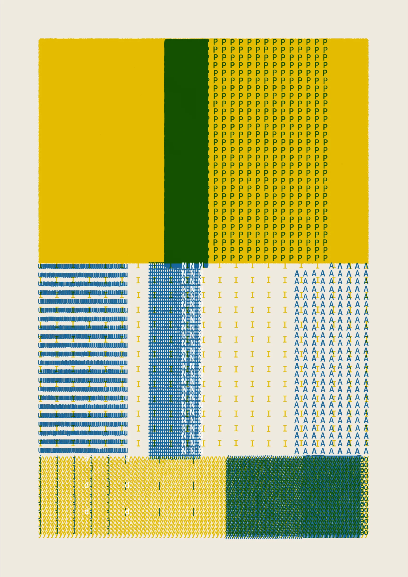 FOLIO is a generative drawing system, inspired by concrete poetry and early computer artwork, that emits an output process for a given input. Each output may be realized digitally, in print, or through another medium. The drawing system, coded in JavaScript, recursively packs bins of data to fill the page, constrained entirely by the use of typographic glyphs and a limited mono-, duo-, or tri-colour palette.