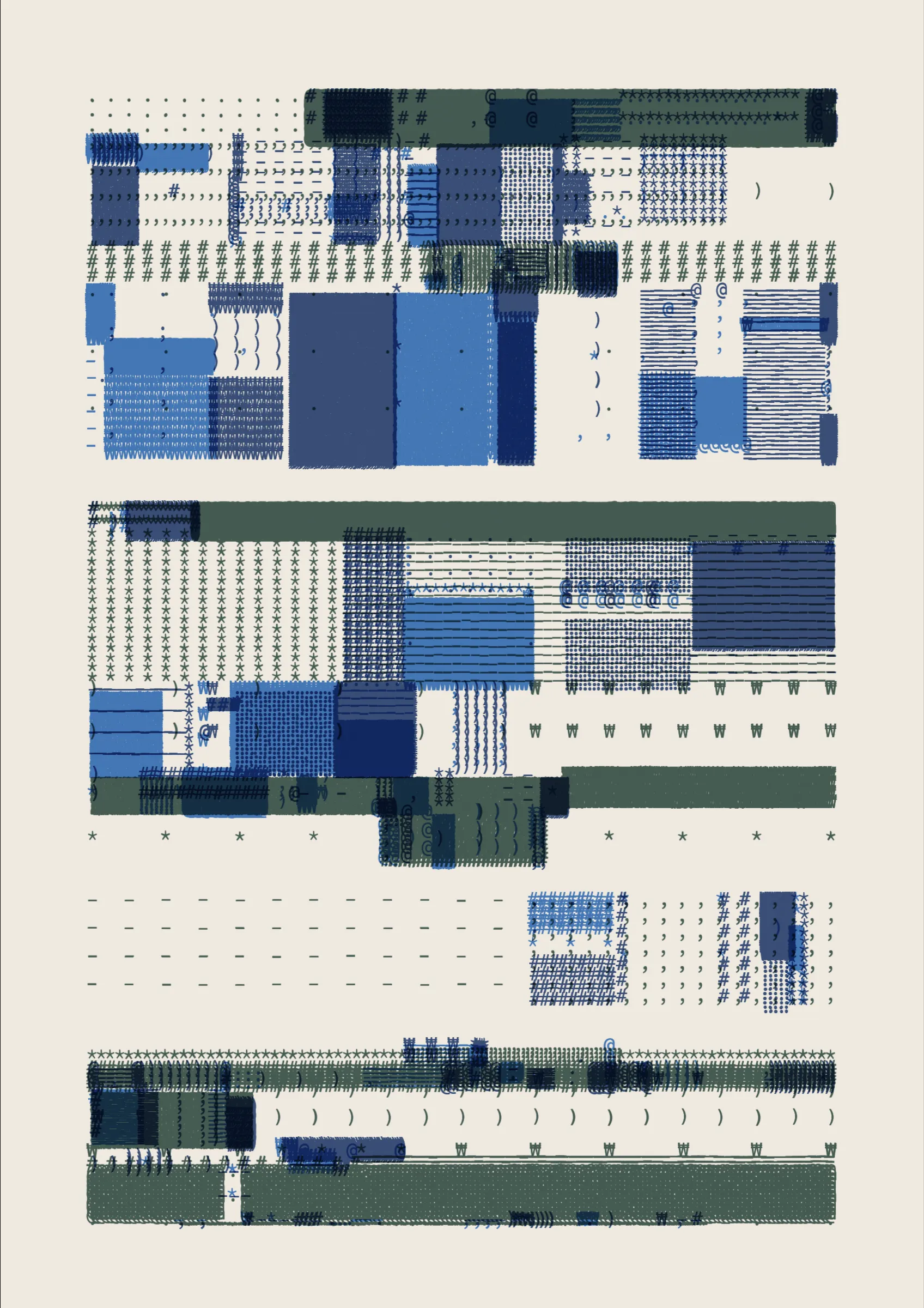 FOLIO is a generative drawing system, inspired by concrete poetry and early computer artwork, that emits an output process for a given input. Each output may be realized digitally, in print, or through another medium. The drawing system, coded in JavaScript, recursively packs bins of data to fill the page, constrained entirely by the use of typographic glyphs and a limited mono-, duo-, or tri-colour palette.