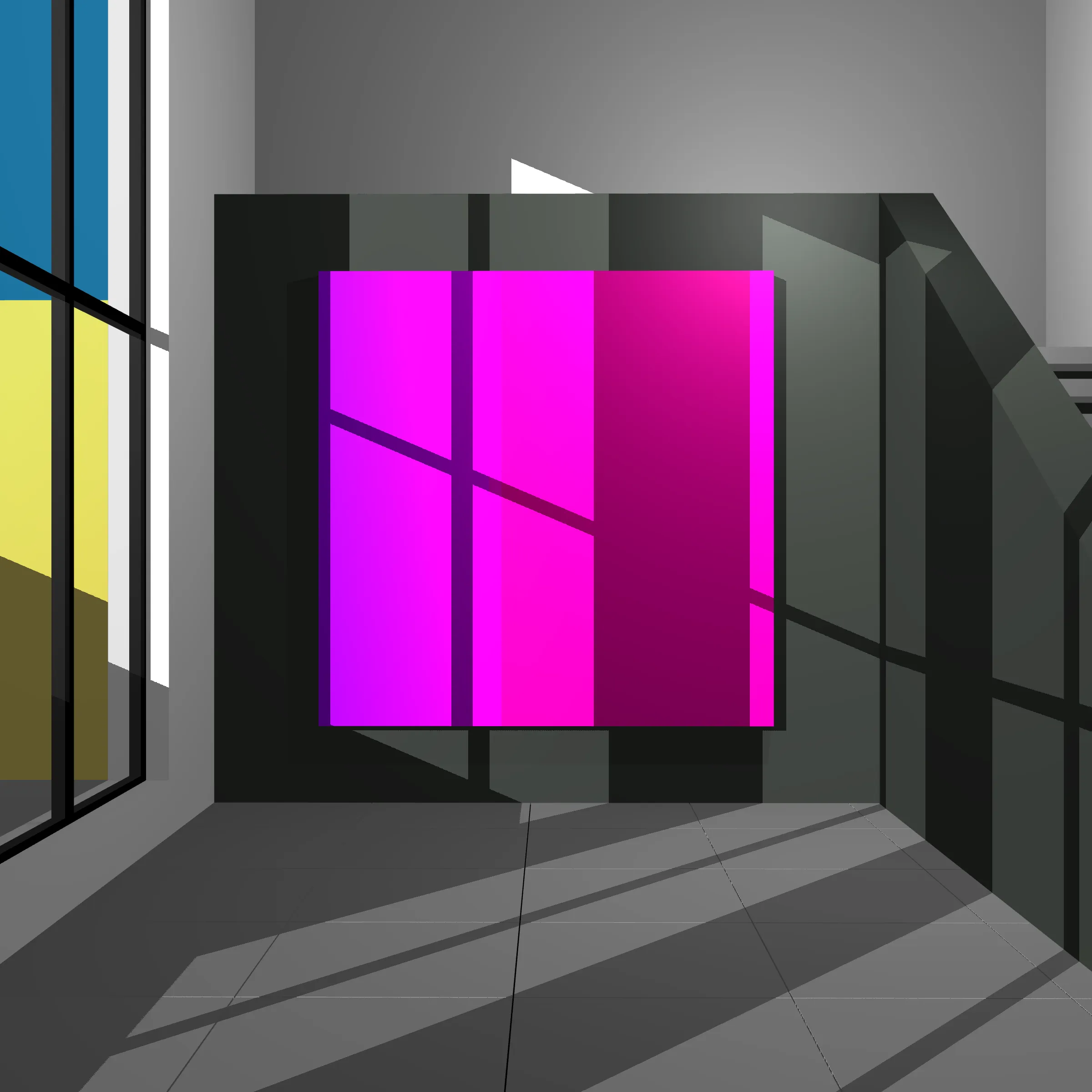 100 Untitled Spaces is an exploration of color and space juxtaposing a simple artwork within a minimalist architectural setting. 
 
Both Art and Architecture together can be powerful. By engaging with both one can develop a  meditative space where nearly infinite “moments” can be revealed as one moves around the virtual room. Further enhanced by shadows, this work is in part a reflection of time spent watching shadows cast across artwork on my  walls.
 
Drawing inspiration from Johannes Itten, Robert Irwin, and Luis Barragán, I worked with my Architect wife Mara to capture various moments inside of an algorithmically generated space. The result is an algorithm inside an algorithm, both generating the central artwork that represents my love and respect for color and the surrounding space as well as an optimal setting to experience that artwork. 
 
In each of these 100 spaces, the viewer is presented with a generated composition to experience a simple canvas inside of a minimalist space. Each is unique, yet informed by the rest of the set. 
 
The opportunity to collaborate with Mara has provided aesthetic boundaries for these spaces as I parametrized the configuration of a simple adobe style room with various options for stair types, penetrations, flooring, camera position, and shadows. Everything from the tile on the floor, the Marfa and Mexico City inspired architecture, to the colors and minimalistic environment represents who I am, and the spaces that Mara and I have created in our imaginations, as well as in real life.