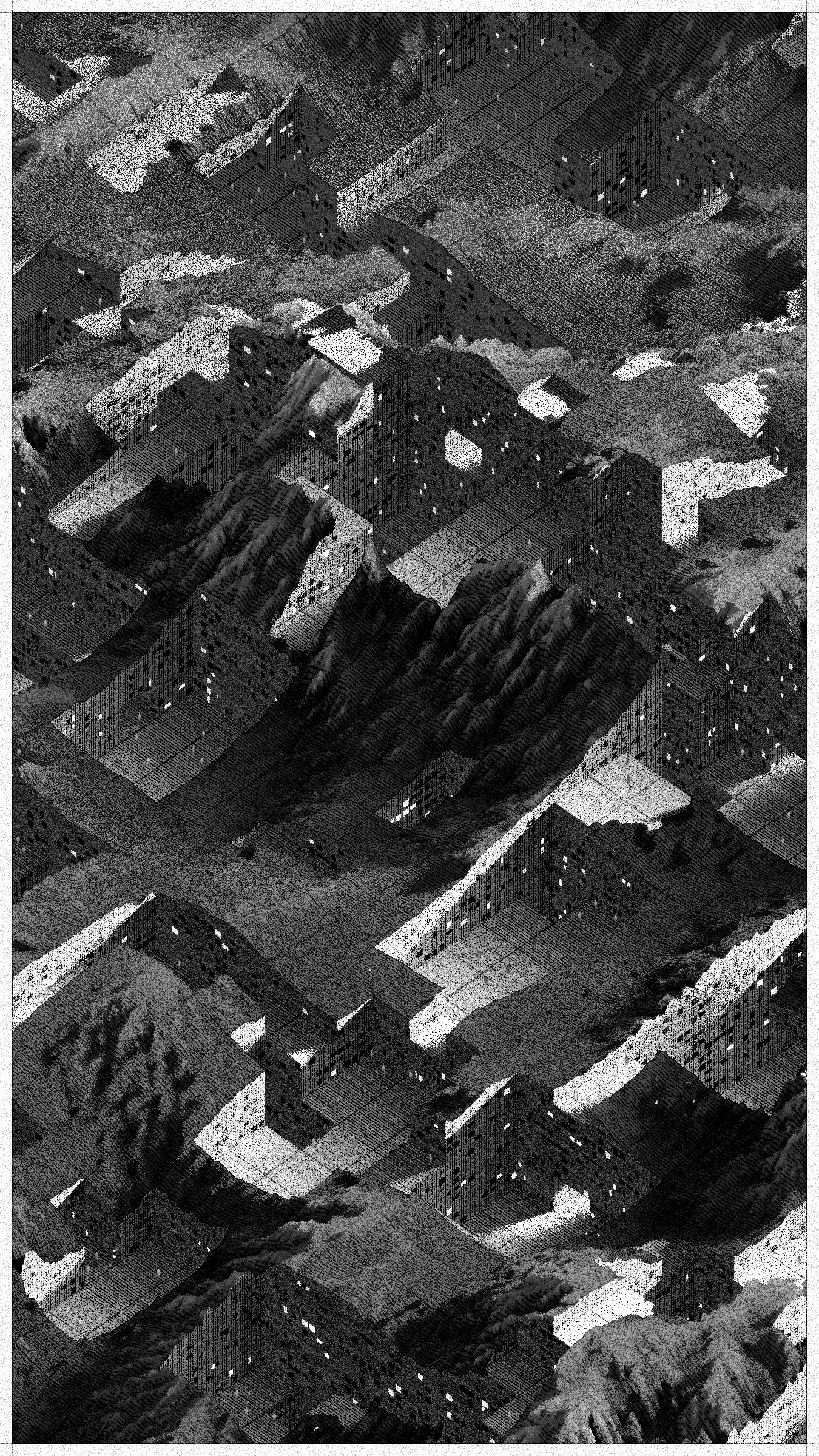 In aerial photos from 1945, you can see dozens of buildings crammed around the main street of Gallarta - a town 13 km northwest of Bilbao. The street leads to a small open pit where they extract iron. Images from 1956 and 1965 show how the road becomes shorter, and houses once surrounded by fields are now on the pit's edge. Some of them disappeared to facilitate access to the ore. The mine grew, consuming mountains, meadows, and settlements.

Gallarta disappeared in 1977, replaced by a chasm extending across the area until today. The open pit extraction in the mine stopped being profitable only six years later. The scar it left on the surface of the mountainous area is a monument to the disappearance of this and numerous other towns with similar stories.

Cantera is a project that brings these stories to a non-physical, generative space. It replaces atoms of stone and soil with digital bits. It draws landscapes inspired by the imagery of Basque stone quarries and iron mines and writes narratives about non-existent habitats where the boundaries between extraction, shelter, and natural forms become indistinct.