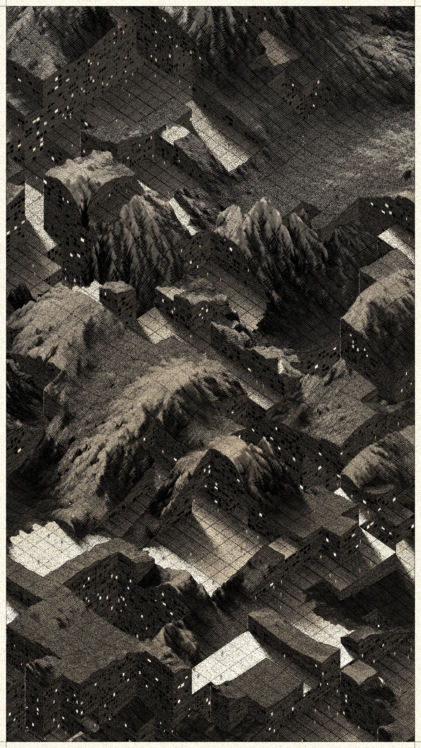 In aerial photos from 1945, you can see dozens of buildings crammed around the main street of Gallarta - a town 13 km northwest of Bilbao. The street leads to a small open pit where they extract iron. Images from 1956 and 1965 show how the road becomes shorter, and houses once surrounded by fields are now on the pit's edge. Some of them disappeared to facilitate access to the ore. The mine grew, consuming mountains, meadows, and settlements.

Gallarta disappeared in 1977, replaced by a chasm extending across the area until today. The open pit extraction in the mine stopped being profitable only six years later. The scar it left on the surface of the mountainous area is a monument to the disappearance of this and numerous other towns with similar stories.

Cantera is a project that brings these stories to a non-physical, generative space. It replaces atoms of stone and soil with digital bits. It draws landscapes inspired by the imagery of Basque stone quarries and iron mines and writes narratives about non-existent habitats where the boundaries between extraction, shelter, and natural forms become indistinct.