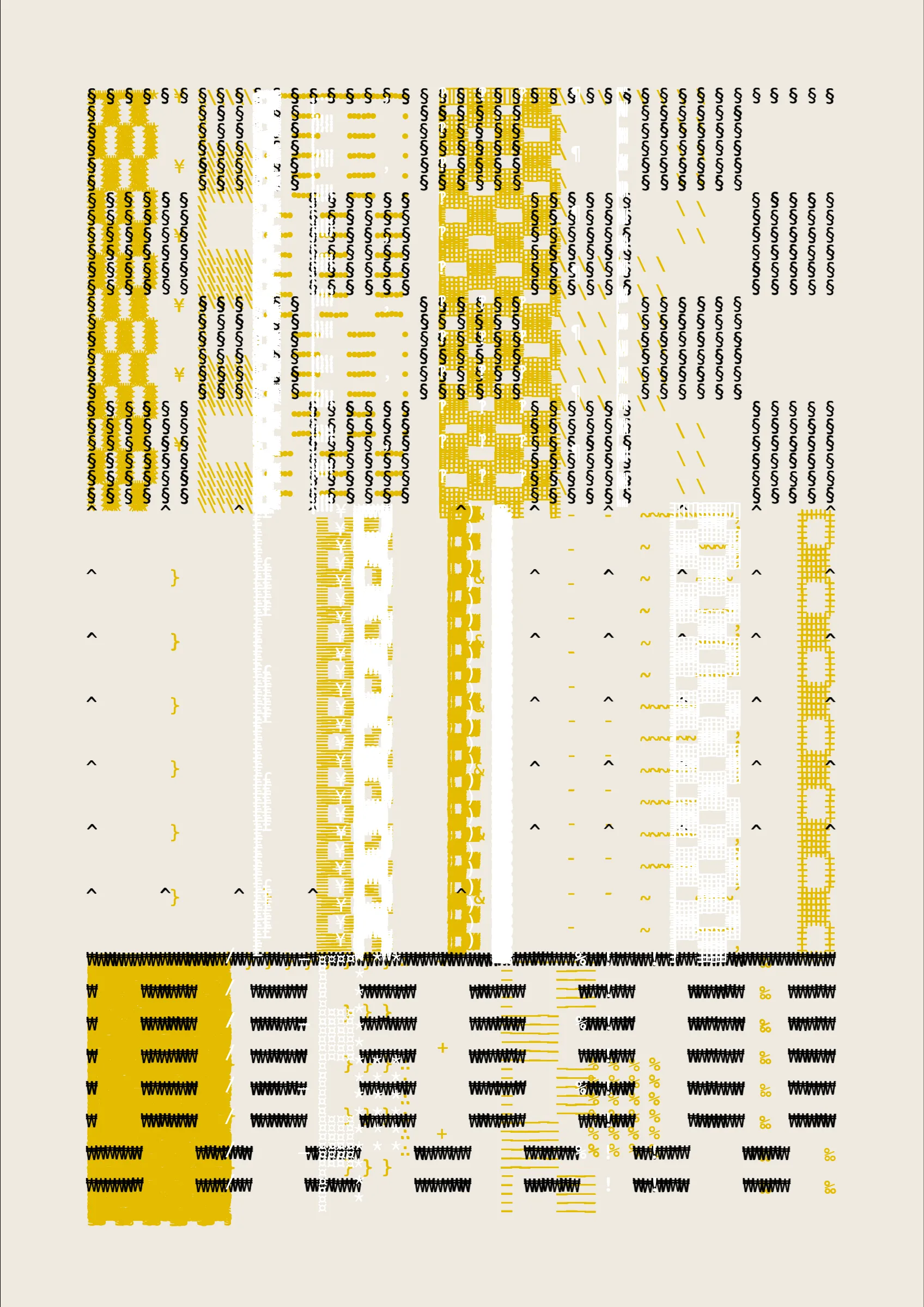 FOLIO is a generative drawing system, inspired by concrete poetry and early computer artwork, that emits an output process for a given input. Each output may be realized digitally, in print, or through another medium. The drawing system, coded in JavaScript, recursively packs bins of data to fill the page, constrained entirely by the use of typographic glyphs and a limited mono-, duo-, or tri-colour palette.