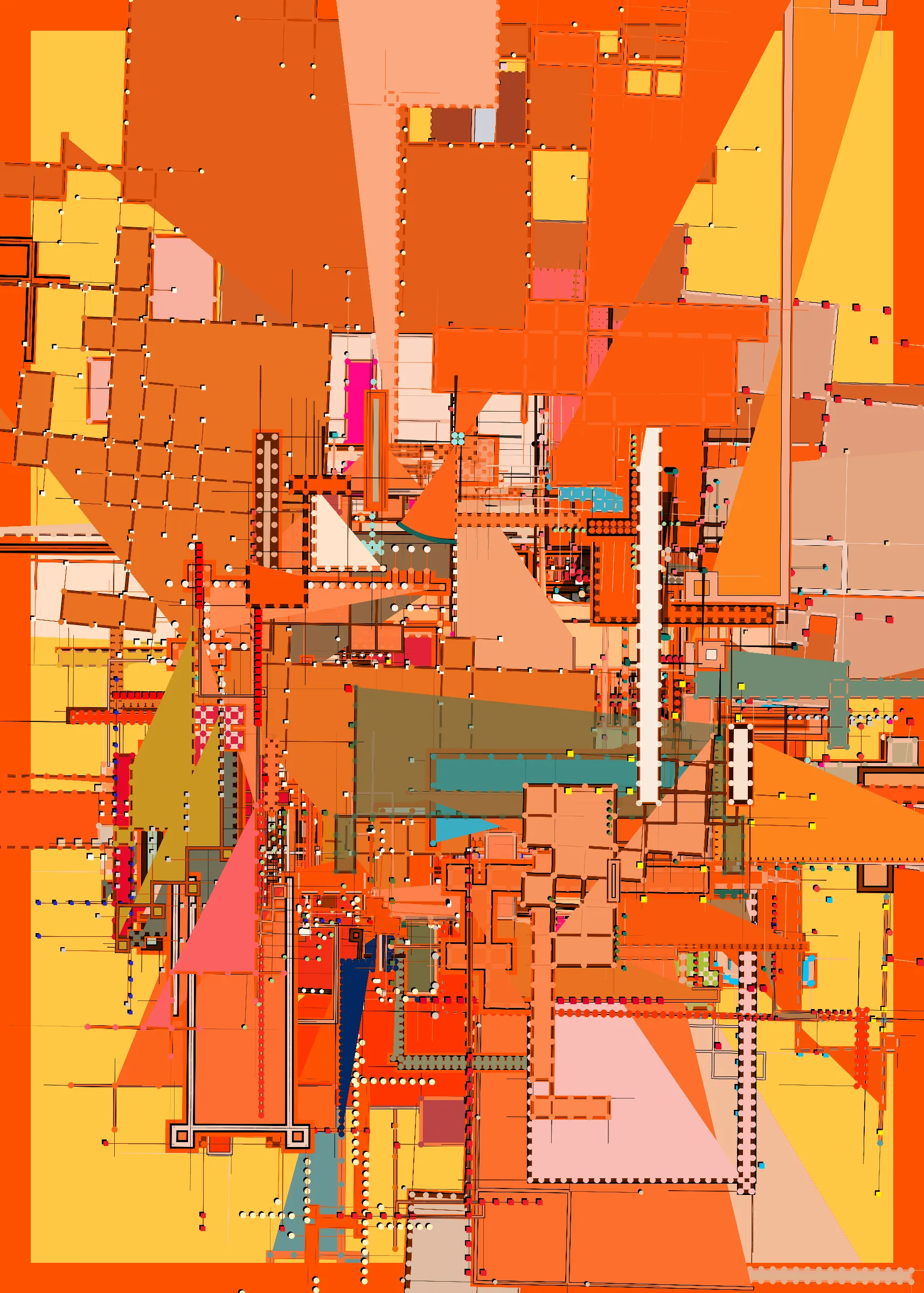 "Caminos" es la relación del trabajo de artista con el uso de colores y geometría a través de los los patrones, situaciones, personas y objetos en los mercados, las calles, los edificios, los colores y demás elementos que consituyen la ciudad. Esta obra es un tributo a esa cultura, similar a una ciudad que se va creando mediante capas, dando como resultado un caos formado a partir del color, de diversas geometrías y más elementos que van cambiando a través del tiempo.

La composicición final de este proyecto es conformada por 5 capas que van creandose con el paso de los segundos dentro de la obra. Con las teclas 1 - 5 puedes interactuar con cada capa que va generando la composición final dando la posibilidad al usuario de tener 5 piezas dentro de una obra, pero sobre todo generar una experiencia que le permita tomarse el tiempo necesario para explorar, encontrar, disfrutar distintos patrones y elementos dentro de cada capa y dentro de la composición final. Asi como explorar la ciudad, sus distintos espacios, situaciones y cambios con el paso de los años.