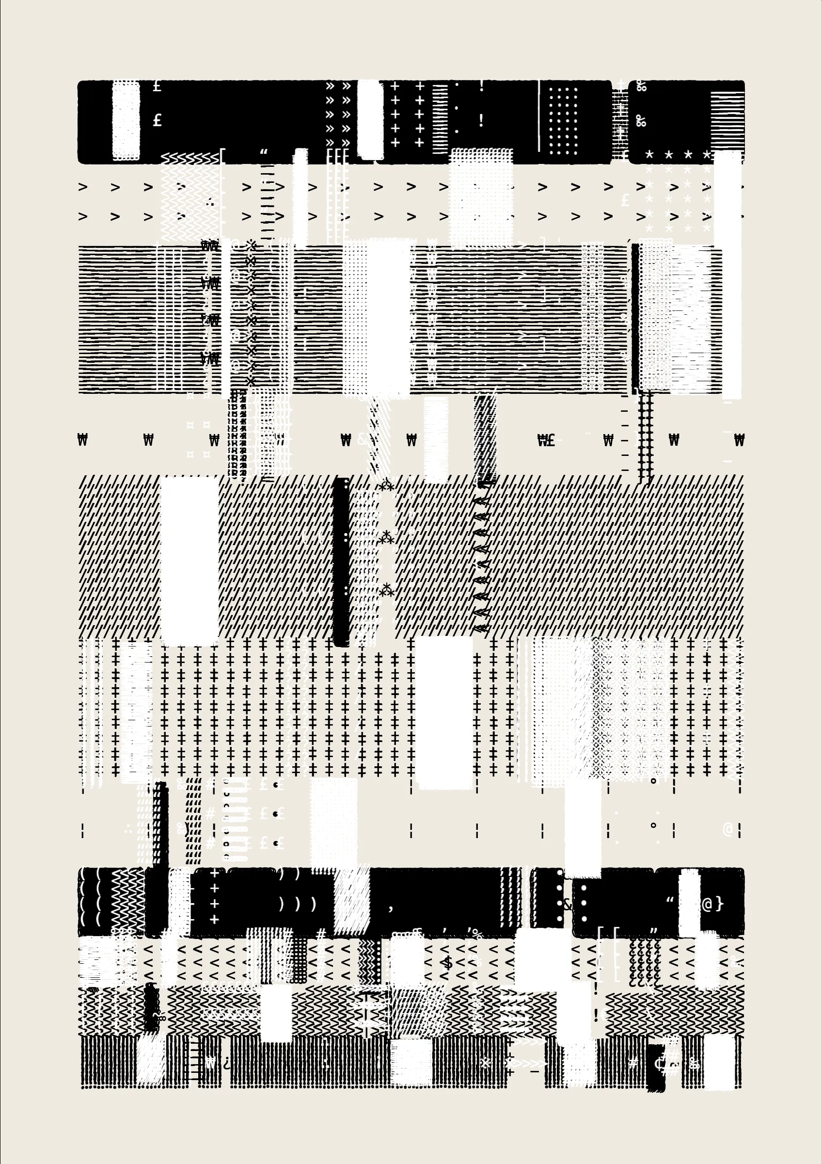 FOLIO is a generative drawing system, inspired by concrete poetry and early computer artwork, that emits an output process for a given input. Each output may be realized digitally, in print, or through another medium. The drawing system, coded in JavaScript, recursively packs bins of data to fill the page, constrained entirely by the use of typographic glyphs and a limited mono-, duo-, or tri-colour palette.