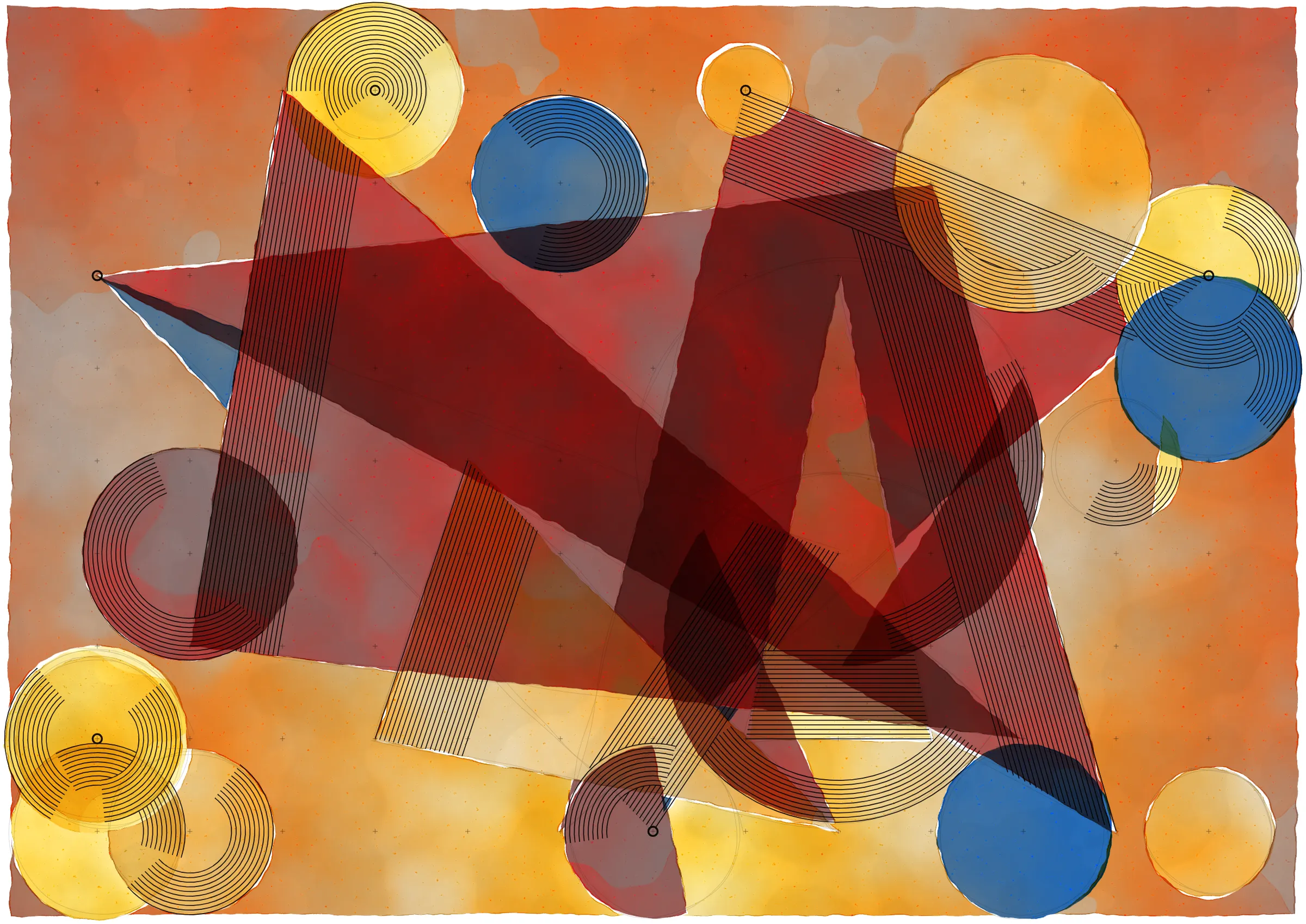 *Inprecision* is exploring the tension between the precision offered by computers and the imperfections inherent in classic art production approaches. The generative system is based on circles and triangles, perfectly aligned with each other and placed on a grid, but rendered with a technique inspired by the look of water color giving a high degree of imperfection in the rendered output. The precision of the underlying system is then again accentuated by a layer of hyper precise line drawings, outlining the used geometries and providing a scaffold for the underlying colors.

*Inprecision* further builds upon my quest to explore emergent compositions in generative systems. The system started with completely random placements of the different geometries, and gradually evolved by putting in the most minimal constraints to ensure an engaging final composition. In that way, *Inprecision* is an exercise in light-touch control with the aim to explore surprising compositions arising from randomness.

This series takes inspiration from both the color and line work of Wassily Kandinsky and the theories in the Suprematism movement. It asks the viewer to meditate on the texture of the paint and paper through its embrace of simple geometry and compositions devoid of literal interpretation.