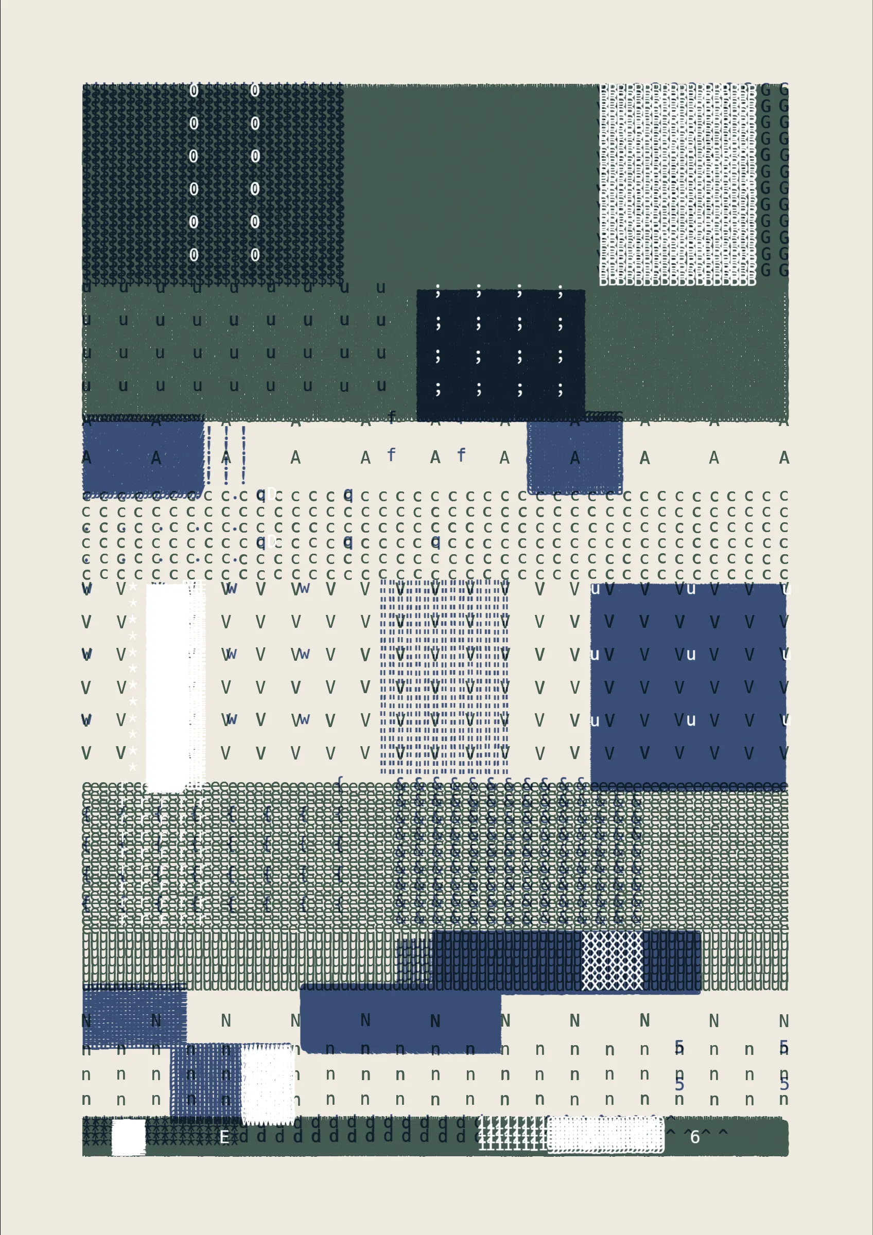 FOLIO is a generative drawing system, inspired by concrete poetry and early computer artwork, that emits an output process for a given input. Each output may be realized digitally, in print, or through another medium. The drawing system, coded in JavaScript, recursively packs bins of data to fill the page, constrained entirely by the use of typographic glyphs and a limited mono-, duo-, or tri-colour palette.