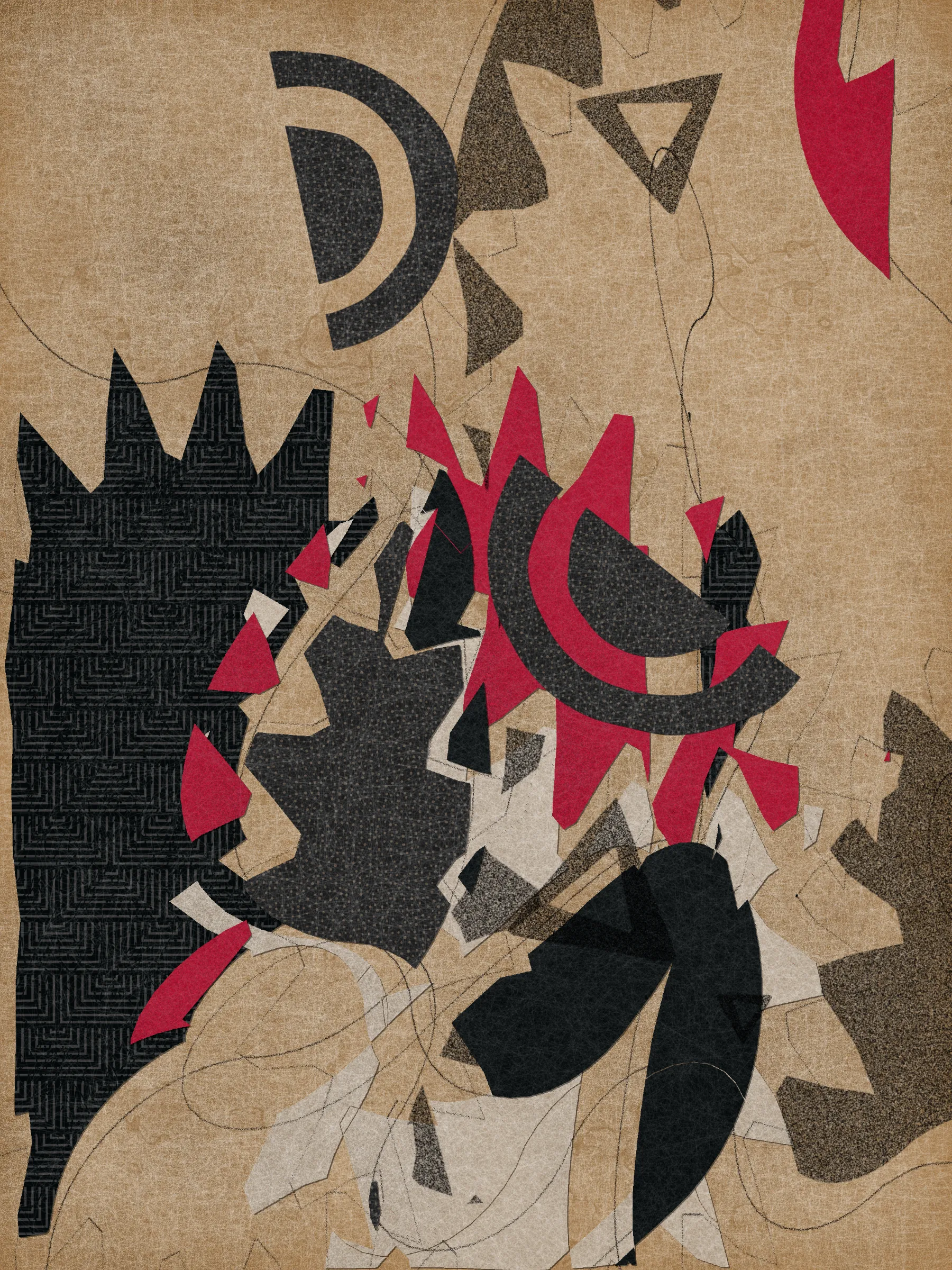 *Off Script* is a generative system that explores sensoriality through the subject of collage. At its core, the series uses a custom masking algorithm to cut out shapes from algorithmically produced papers, which are then arranged throughout the canvas. It is programmed in Javascript.

Much like the practice of collage itself, *Off Script* elicits a deeply sensorial experience. Generative textures induce a sense of tactility, while askew jagged shapes evoke the punctuated off-beat sounds of jazz. With its synesthetic qualities, the series challenges its own medium, creating a dialogue between the immateriality of digital representation and the corporality of the physical realm. 

*Off Script*'s visual language references various 20th century modern art movements that similarly emphasized medium and material through distilled expressions of shape, color, and composition.