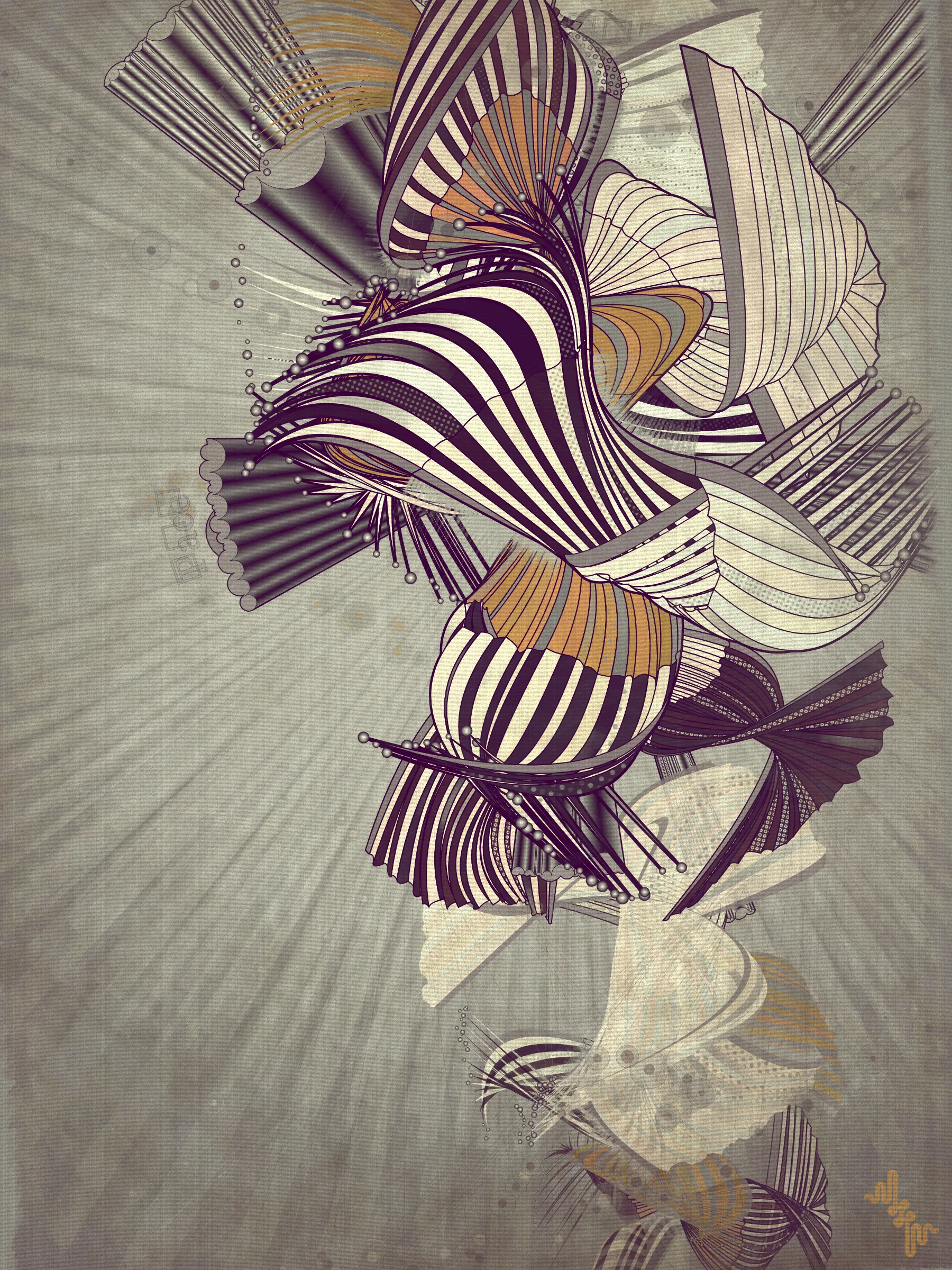 Velum: Latin for curtain.

Inspired by the question: What do you get if you blend the visual DNA of two mid 20th Century artistic movements into a 21st Century generative art algorithm?

The original ideas evolved by Abstract expressionism and Pop art tell very different stories in the history of post war American art. My approach however is more about just stealing from the visual lexicon of mark-making that characterizes these artistic movements ignoring much of the contextual conversations around them . When I started out building my first primitive for Velum I was picturing in my mind something that looked more like a gestural paint-stroke typical of abstract expressionistic painting. Adding Pop art stylized outlines to the structures however separated them from the background and gave them a floating quality. Liking this effect I quickly forgot about my first idea of making paint strokes to explore the emerging curtain-like elements and found ways to make them dance.