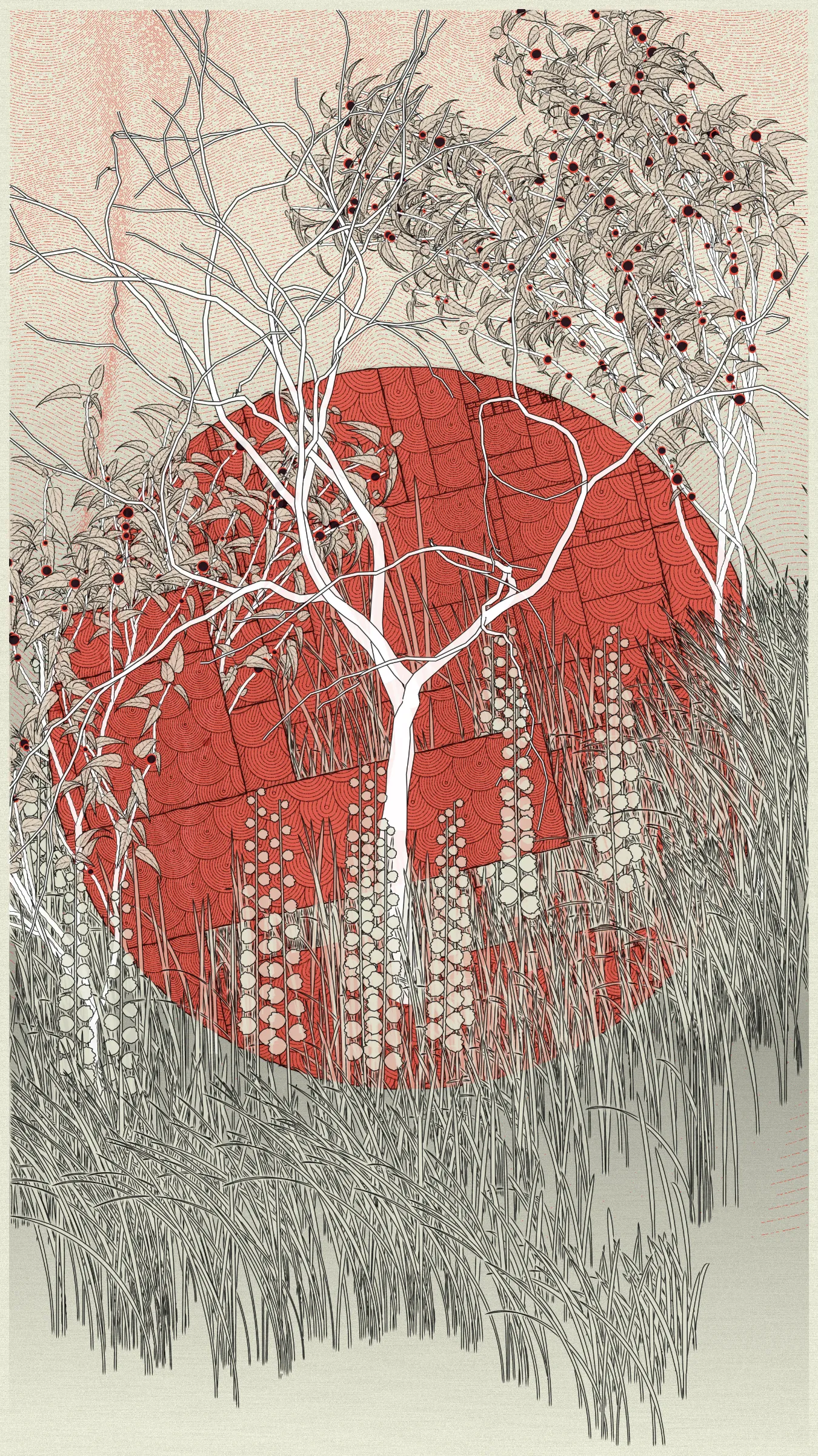 How can one create a work inspired by a city where one has never set foot? Moreover, a place on the other side of the world, whose history and cultural richness are of such dizzying density? I quickly realized that my work could only be imagined, dreamed, imbued with my Western culture, tinged with my distant prejudices. I worked with a visual approach above all, around a few chosen colors, representative tree species, and some clichéd symbols: for example, the composition is organized around 3 abstract shapes, including the circle, directly inspired by the rising sun on the flag, the rectangular shape of a kakemono, or a cityscape.
My distant feeling, entirely subjective, towards the city of Tokyo and the few images that came to me, was that of a place where tradition and modernity, nature and urbanism were intimately mixed. Not in opposition, but in an indissoluble tangle, a form of organic fusion despite some contradictions. But also, the place of dramas that history reports to us, such as the earthquake that this year marks the centenary of.
Coming to Tokyo was an old, somewhat intimidating dream for me. I have been here for a few days now, confronting my artistic proposal with the reality of this enigmatic city. I have taken only a few timid steps, cautiously trying to understand snippets of its functioning. Suddenly time stops, because I have perceived the whisper of a tree. I know nothing of the language, but I understand its language.
"Kumono Shingou" means "Cloud Signals" it is the title of a poem by the Japanese author Kenji Miyazawa, who was an agronomist dedicated to the social cause, at a time when successive natural disasters struck the country while modernity transformed it at a dizzying pace.
It is with a sense of grace that I receive this gift of a title for my work, which was given to me by Kazumasa Teshigawara (Qubibi). It is a small door that has opened for me on an element of Japanese culture. This is what Qubibi does: he creates small doors and opens them slightly to allow us to glimpse, with kindness and simplicity, but also in enigmas, a little light and soul, a fleeting spark, a reflection of what, hidden, is the very treasure of humanity.

One cannot absorb a culture, only experience it. Some encounters can connect you to it, much like synapses in your brain connect pieces of information and influence the construction of your being.
Certainly, one does not come to Japan to find answers, but rather to encounter questions. And here I am, in the middle of the night, gazing up at the sky, wondering: what do the clouds want to warn us about? Suddenly, I am enriched by my ponderings. Who am I, here ? A mere dot on this Earth, a human somewhere on the road, from the cradle of Nature en route to our technological and dematerialized utopias.

——— 
"Kumono Shingou" 
- Generative artwork in 100 editions
- Released for Bright Moments "The Tokyo Collection" on May 5th, 2023
- Coded in Vanilla Javascript 
- Format portrait 9/16, 4K résolution 2160 × 3840 pixels
- In live mode, pass a parameter ‘scale’ to the URL (up to scale=5.4) to get a higher definition output
- In live mode, press ’s’ to get a .SVG file suited for experimenting with a pen plotter