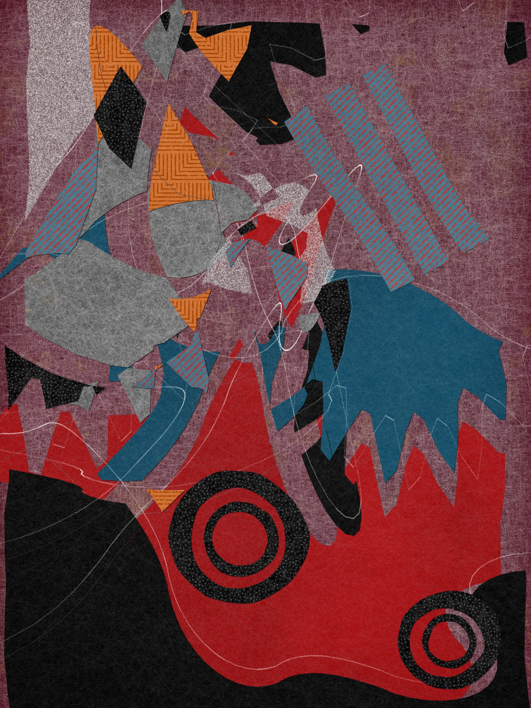 *Off Script* is a generative system that explores sensoriality through the subject of collage. At its core, the series uses a custom masking algorithm to cut out shapes from algorithmically produced papers, which are then arranged throughout the canvas. It is programmed in Javascript.

Much like the practice of collage itself, *Off Script* elicits a deeply sensorial experience. Generative textures induce a sense of tactility, while askew jagged shapes evoke the punctuated off-beat sounds of jazz. With its synesthetic qualities, the series challenges its own medium, creating a dialogue between the immateriality of digital representation and the corporality of the physical realm. 

*Off Script*'s visual language references various 20th century modern art movements that similarly emphasized medium and material through distilled expressions of shape, color, and composition.