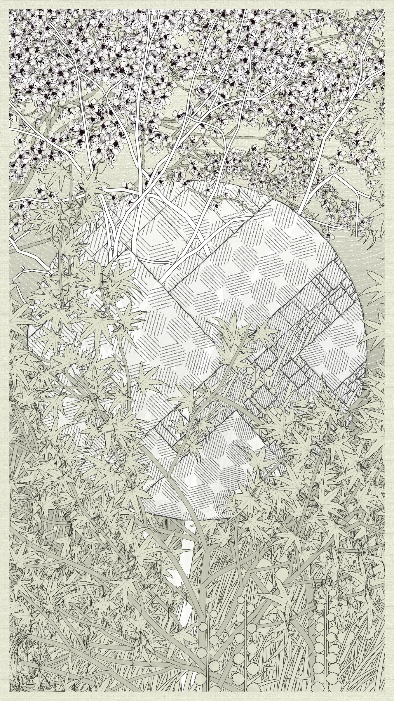 How can one create a work inspired by a city where one has never set foot? Moreover, a place on the other side of the world, whose history and cultural richness are of such dizzying density? I quickly realized that my work could only be imagined, dreamed, imbued with my Western culture, tinged with my distant prejudices. I worked with a visual approach above all, around a few chosen colors, representative tree species, and some clichéd symbols: for example, the composition is organized around 3 abstract shapes, including the circle, directly inspired by the rising sun on the flag, the rectangular shape of a kakemono, or a cityscape.
My distant feeling, entirely subjective, towards the city of Tokyo and the few images that came to me, was that of a place where tradition and modernity, nature and urbanism were intimately mixed. Not in opposition, but in an indissoluble tangle, a form of organic fusion despite some contradictions. But also, the place of dramas that history reports to us, such as the earthquake that this year marks the centenary of.
Coming to Tokyo was an old, somewhat intimidating dream for me. I have been here for a few days now, confronting my artistic proposal with the reality of this enigmatic city. I have taken only a few timid steps, cautiously trying to understand snippets of its functioning. Suddenly time stops, because I have perceived the whisper of a tree. I know nothing of the language, but I understand its language.
"Kumono Shingou" means "Cloud Signals" it is the title of a poem by the Japanese author Kenji Miyazawa, who was an agronomist dedicated to the social cause, at a time when successive natural disasters struck the country while modernity transformed it at a dizzying pace.
It is with a sense of grace that I receive this gift of a title for my work, which was given to me by Kazumasa Teshigawara (Qubibi). It is a small door that has opened for me on an element of Japanese culture. This is what Qubibi does: he creates small doors and opens them slightly to allow us to glimpse, with kindness and simplicity, but also in enigmas, a little light and soul, a fleeting spark, a reflection of what, hidden, is the very treasure of humanity.

One cannot absorb a culture, only experience it. Some encounters can connect you to it, much like synapses in your brain connect pieces of information and influence the construction of your being.
Certainly, one does not come to Japan to find answers, but rather to encounter questions. And here I am, in the middle of the night, gazing up at the sky, wondering: what do the clouds want to warn us about? Suddenly, I am enriched by my ponderings. Who am I, here ? A mere dot on this Earth, a human somewhere on the road, from the cradle of Nature en route to our technological and dematerialized utopias.

——— 
"Kumono Shingou" 
- Generative artwork in 100 editions
- Released for Bright Moments "The Tokyo Collection" on May 5th, 2023
- Coded in Vanilla Javascript 
- Format portrait 9/16, 4K résolution 2160 × 3840 pixels
- In live mode, pass a parameter ‘scale’ to the URL (up to scale=5.4) to get a higher definition output
- In live mode, press ’s’ to get a .SVG file suited for experimenting with a pen plotter