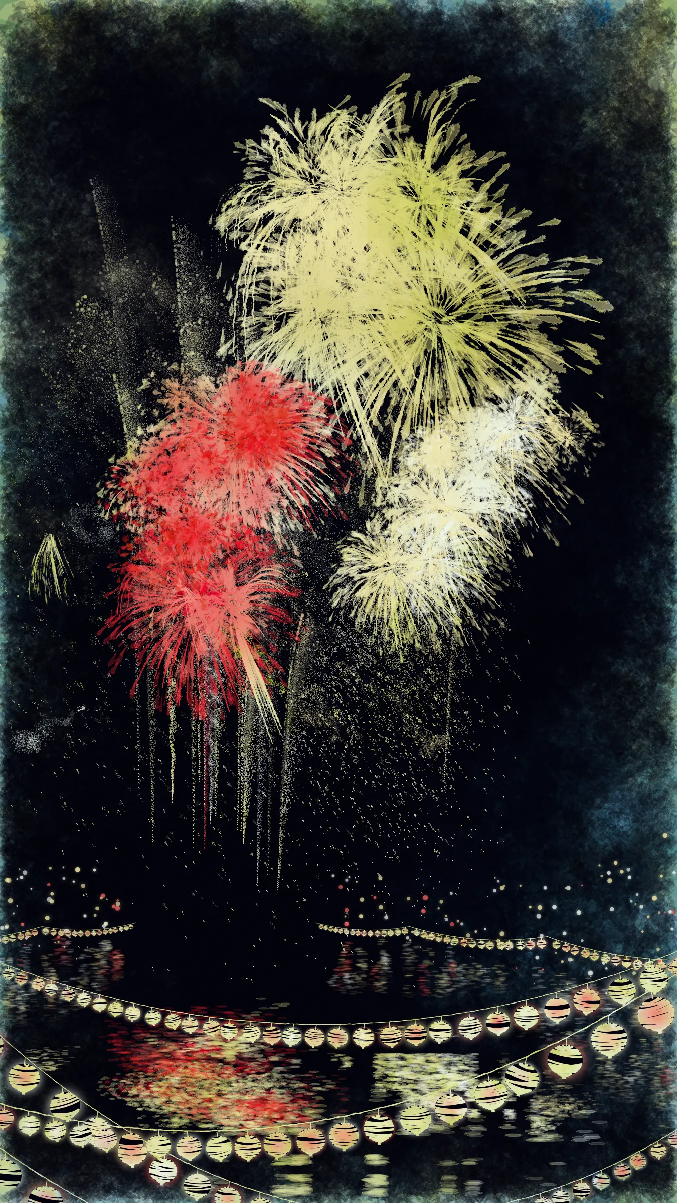 The theme of this work is fireworks and festivals, which symbolizes summer in Japan.

With fireworks as the central theme, it consists of the water surface reflecting the fireworks, the city lights in the distance, the silhouettes of the torii gates and arch bridge, and the twinkling lanterns. The shady black background expresses the smoky atmosphere.

The drawing algorithm of the work is inspired by traditional woodblock prints and contemporary scratch art. Base layer is drawn with pale watercolor-like gradation. On top of that, the shady black background is drawn. Then, the outline of the fireworks is carved out.

The color of fireworks is based on a chemical reaction called a flame reaction. The color palette of this work is also composed of typical flame reaction colors or their mixtures. Each color palette is inspired by the four seasons in Japan.

Enjoy the atmosphere of Japanese firework festivals with this work.