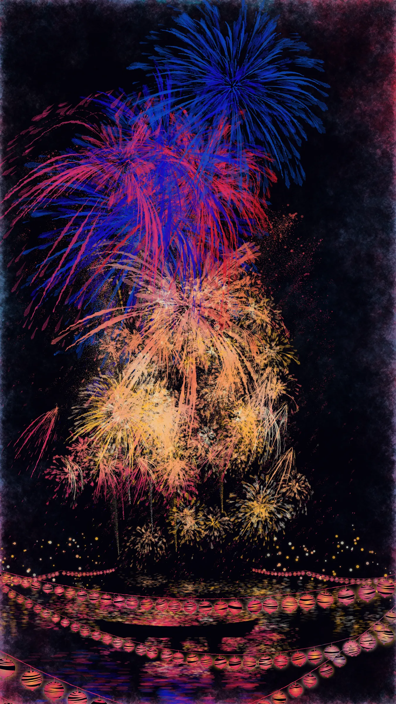 The theme of this work is fireworks and festivals, which symbolizes summer in Japan.

With fireworks as the central theme, it consists of the water surface reflecting the fireworks, the city lights in the distance, the silhouettes of the torii gates and arch bridge, and the twinkling lanterns. The shady black background expresses the smoky atmosphere.

The drawing algorithm of the work is inspired by traditional woodblock prints and contemporary scratch art. Base layer is drawn with pale watercolor-like gradation. On top of that, the shady black background is drawn. Then, the outline of the fireworks is carved out.

The color of fireworks is based on a chemical reaction called a flame reaction. The color palette of this work is also composed of typical flame reaction colors or their mixtures. Each color palette is inspired by the four seasons in Japan.

Enjoy the atmosphere of Japanese firework festivals with this work.