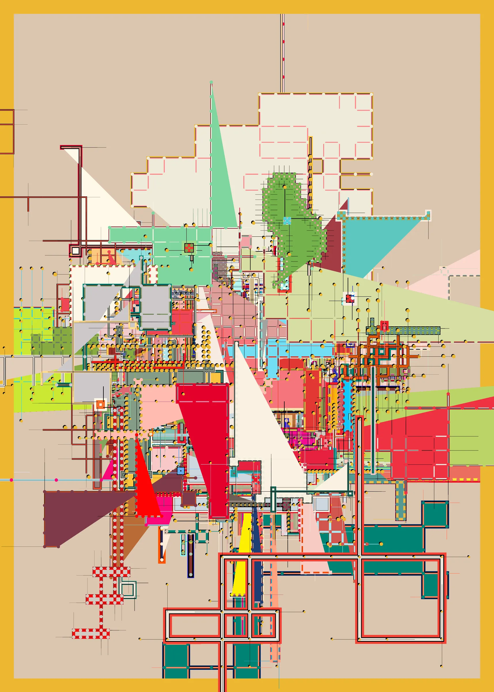 "Caminos" es la relación del trabajo de artista con el uso de colores y geometría a través de los los patrones, situaciones, personas y objetos en los mercados, las calles, los edificios, los colores y demás elementos que consituyen la ciudad. Esta obra es un tributo a esa cultura, similar a una ciudad que se va creando mediante capas, dando como resultado un caos formado a partir del color, de diversas geometrías y más elementos que van cambiando a través del tiempo.

La composicición final de este proyecto es conformada por 5 capas que van creandose con el paso de los segundos dentro de la obra. Con las teclas 1 - 5 puedes interactuar con cada capa que va generando la composición final dando la posibilidad al usuario de tener 5 piezas dentro de una obra, pero sobre todo generar una experiencia que le permita tomarse el tiempo necesario para explorar, encontrar, disfrutar distintos patrones y elementos dentro de cada capa y dentro de la composición final. Asi como explorar la ciudad, sus distintos espacios, situaciones y cambios con el paso de los años.