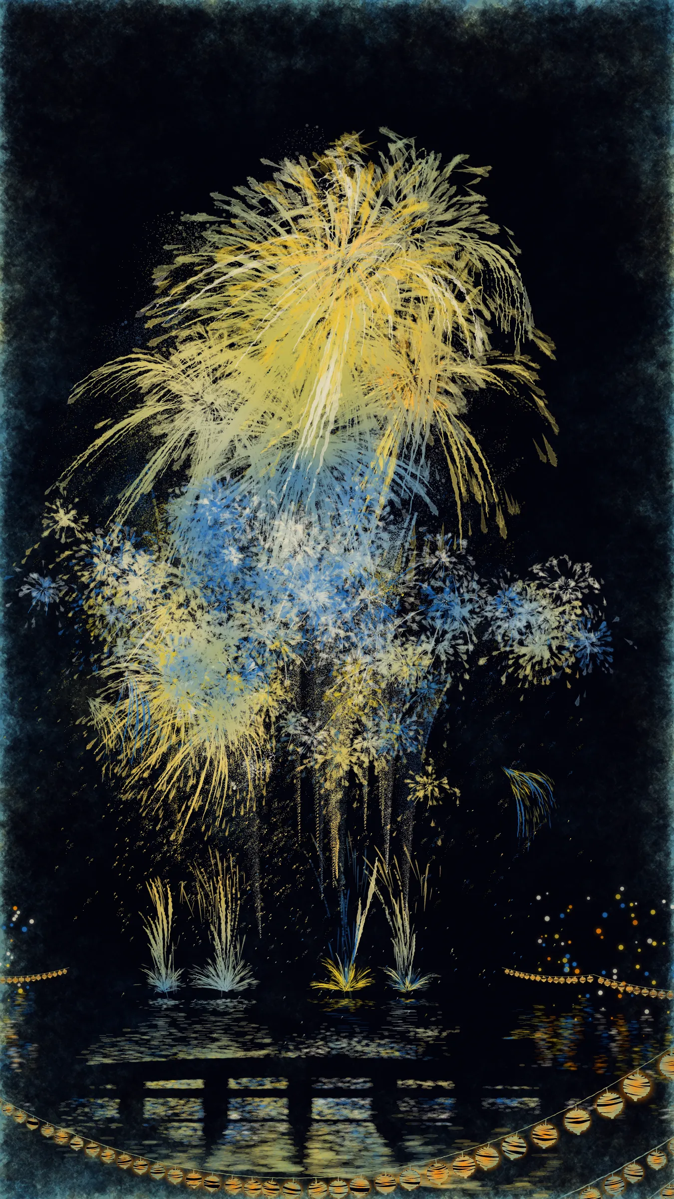 The theme of this work is fireworks and festivals, which symbolizes summer in Japan.

With fireworks as the central theme, it consists of the water surface reflecting the fireworks, the city lights in the distance, the silhouettes of the torii gates and arch bridge, and the twinkling lanterns. The shady black background expresses the smoky atmosphere.

The drawing algorithm of the work is inspired by traditional woodblock prints and contemporary scratch art. Base layer is drawn with pale watercolor-like gradation. On top of that, the shady black background is drawn. Then, the outline of the fireworks is carved out.

The color of fireworks is based on a chemical reaction called a flame reaction. The color palette of this work is also composed of typical flame reaction colors or their mixtures. Each color palette is inspired by the four seasons in Japan.

Enjoy the atmosphere of Japanese firework festivals with this work.