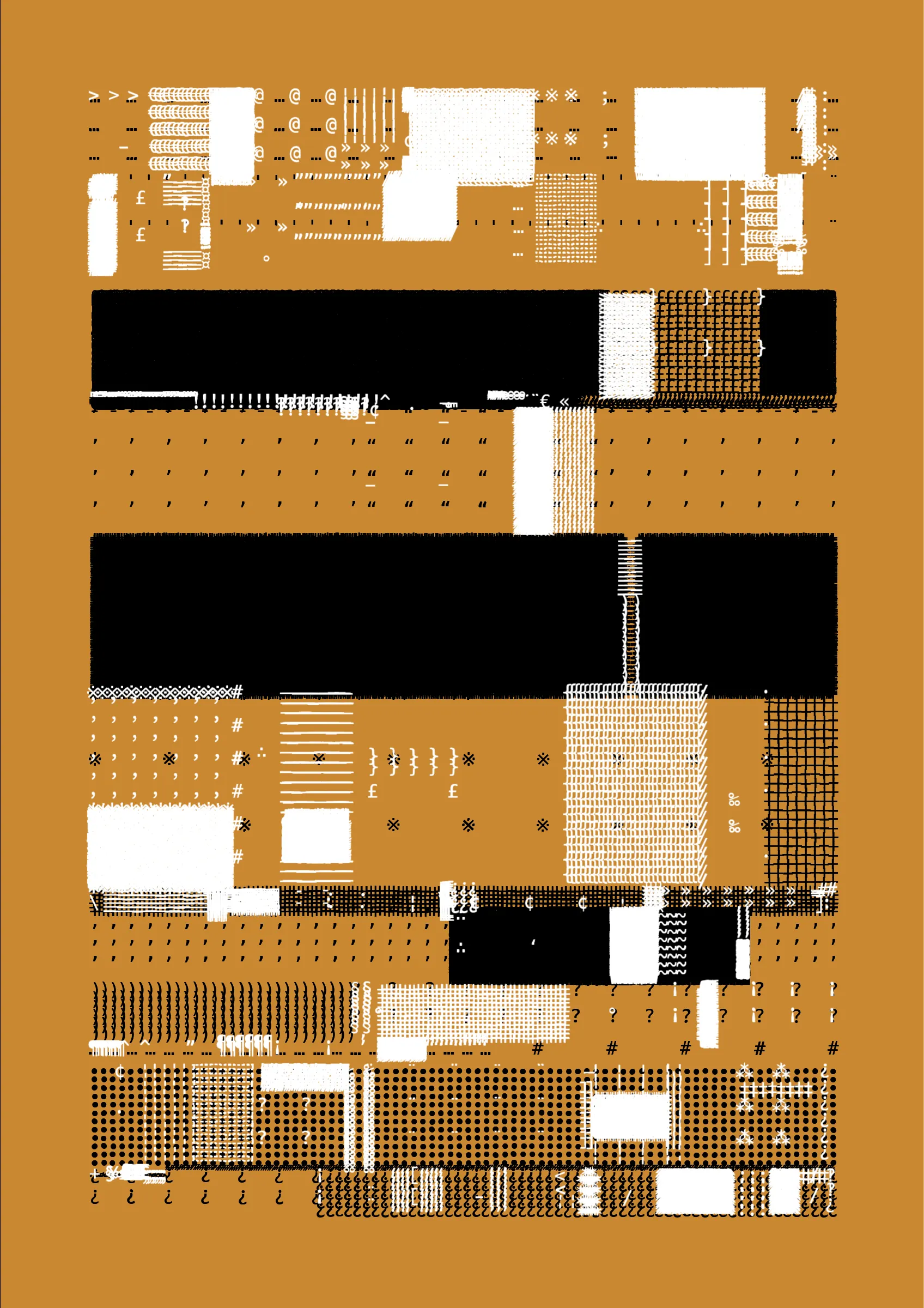 FOLIO is a generative drawing system, inspired by concrete poetry and early computer artwork, that emits an output process for a given input. Each output may be realized digitally, in print, or through another medium. The drawing system, coded in JavaScript, recursively packs bins of data to fill the page, constrained entirely by the use of typographic glyphs and a limited mono-, duo-, or tri-colour palette.