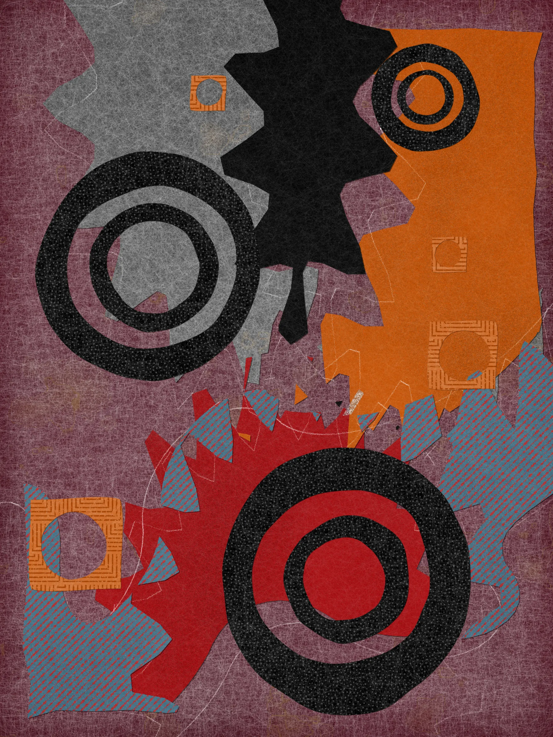 *Off Script* is a generative system that explores sensoriality through the subject of collage. At its core, the series uses a custom masking algorithm to cut out shapes from algorithmically produced papers, which are then arranged throughout the canvas. It is programmed in Javascript.

Much like the practice of collage itself, *Off Script* elicits a deeply sensorial experience. Generative textures induce a sense of tactility, while askew jagged shapes evoke the punctuated off-beat sounds of jazz. With its synesthetic qualities, the series challenges its own medium, creating a dialogue between the immateriality of digital representation and the corporality of the physical realm. 

*Off Script*'s visual language references various 20th century modern art movements that similarly emphasized medium and material through distilled expressions of shape, color, and composition.
