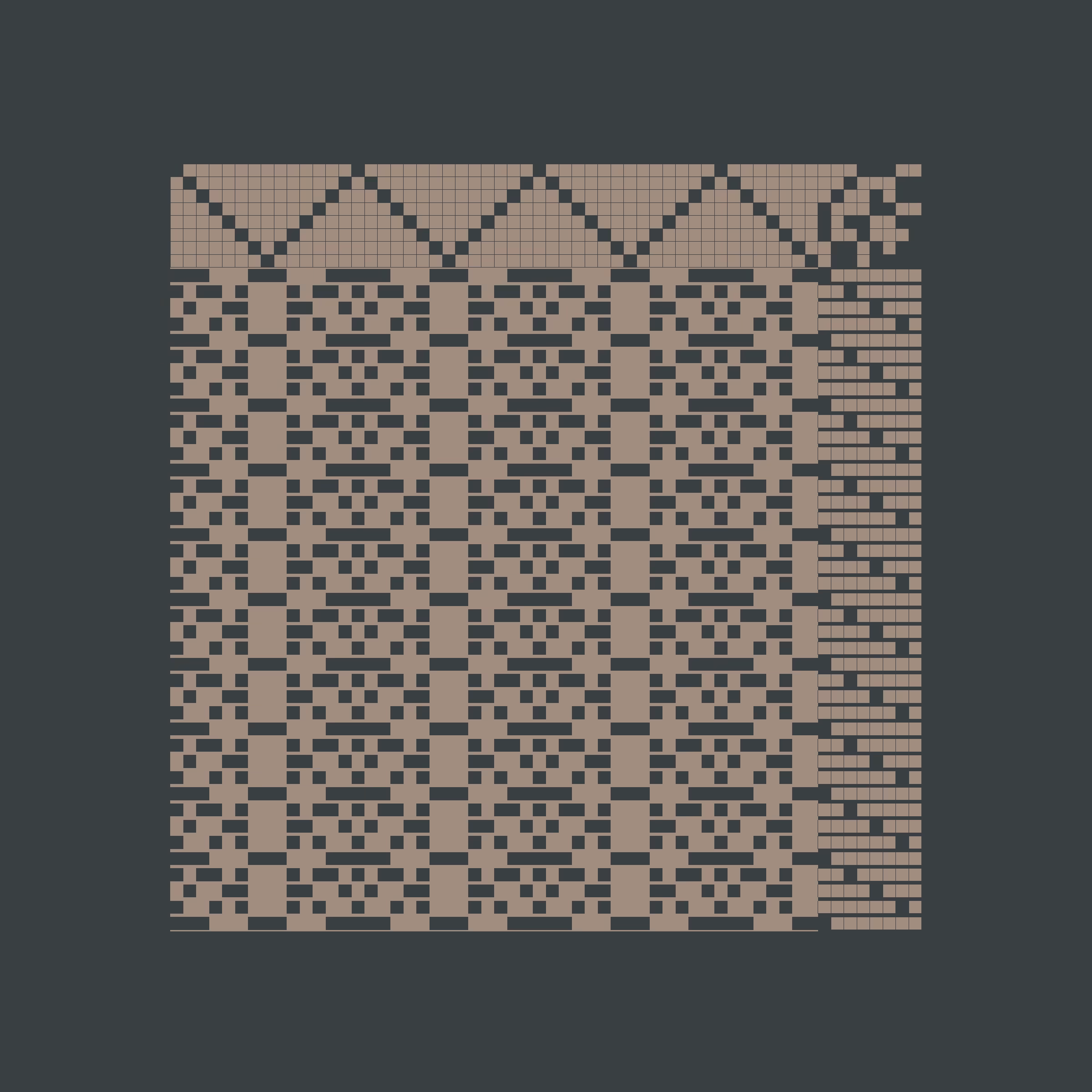 Enlace merges digital art with traditional cane weaving to craft physical objects from generative outputs. Each generative token is a piece of digital art and a set of instructions which can be used by the collector to create a unique chair or a woven canvas by Maison Louis Drucker, the historic Parisian chair manufacturer. The term "Enlace" denotes linking or intertwining in English and an embrace in French, emphasizing the project's aim to unite algorithmic code with the timeless human craft of weaving. Visually expressed through the format of the weaving draft, Enlace reduces its visual language, offering minimal instructions for creating woven pieces. It encodes potential rather than final product, providing the necessary instructions for crafting a woven chair or canvas, blending contemporary technology with traditional craftsmanship. By Aranda\Lasch in collaboration with Trame and Maison Louis Drucker.

's' to save image
't' to display text