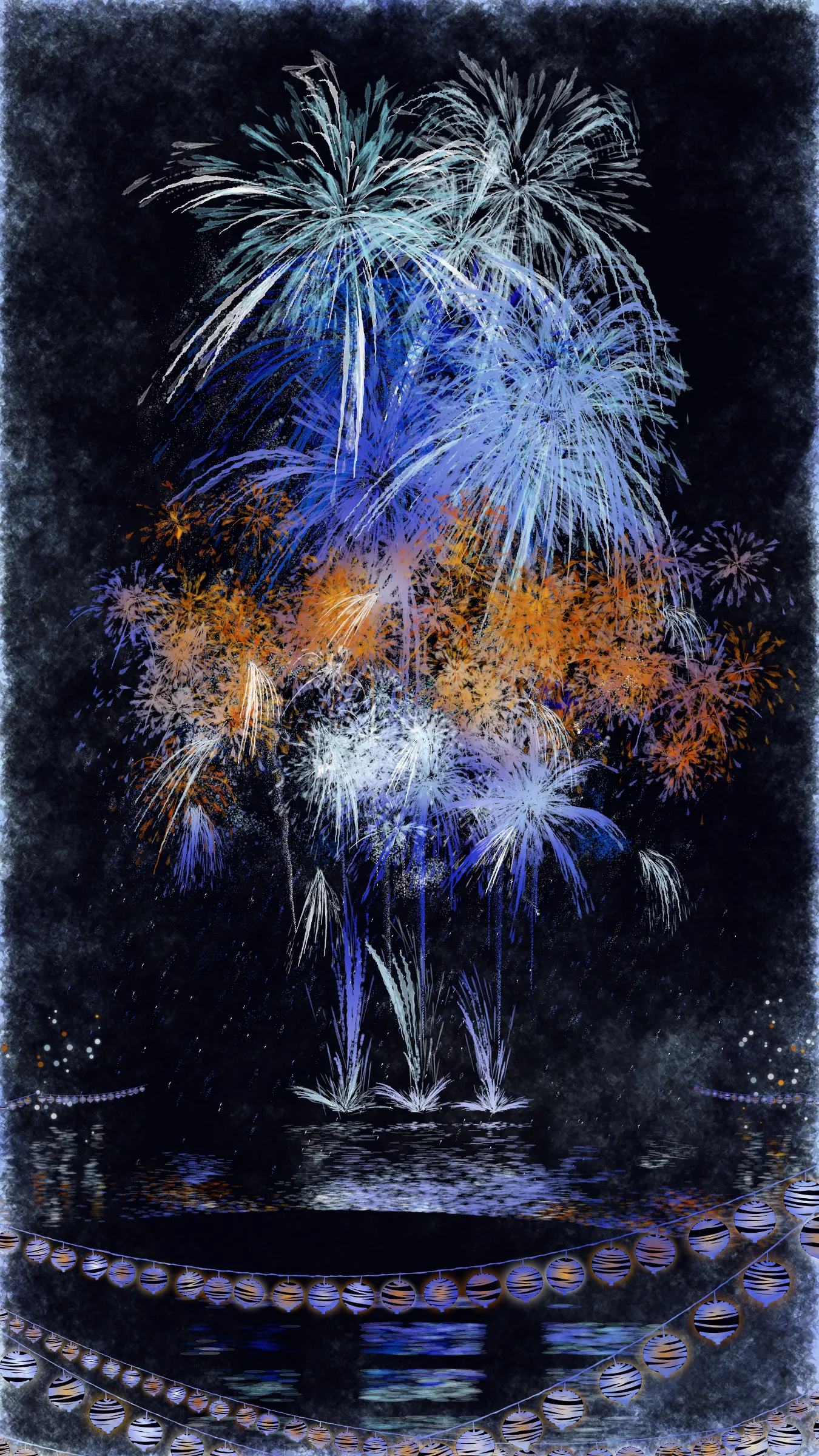 The theme of this work is fireworks and festivals, which symbolizes summer in Japan.

With fireworks as the central theme, it consists of the water surface reflecting the fireworks, the city lights in the distance, the silhouettes of the torii gates and arch bridge, and the twinkling lanterns. The shady black background expresses the smoky atmosphere.

The drawing algorithm of the work is inspired by traditional woodblock prints and contemporary scratch art. Base layer is drawn with pale watercolor-like gradation. On top of that, the shady black background is drawn. Then, the outline of the fireworks is carved out.

The color of fireworks is based on a chemical reaction called a flame reaction. The color palette of this work is also composed of typical flame reaction colors or their mixtures. Each color palette is inspired by the four seasons in Japan.

Enjoy the atmosphere of Japanese firework festivals with this work.