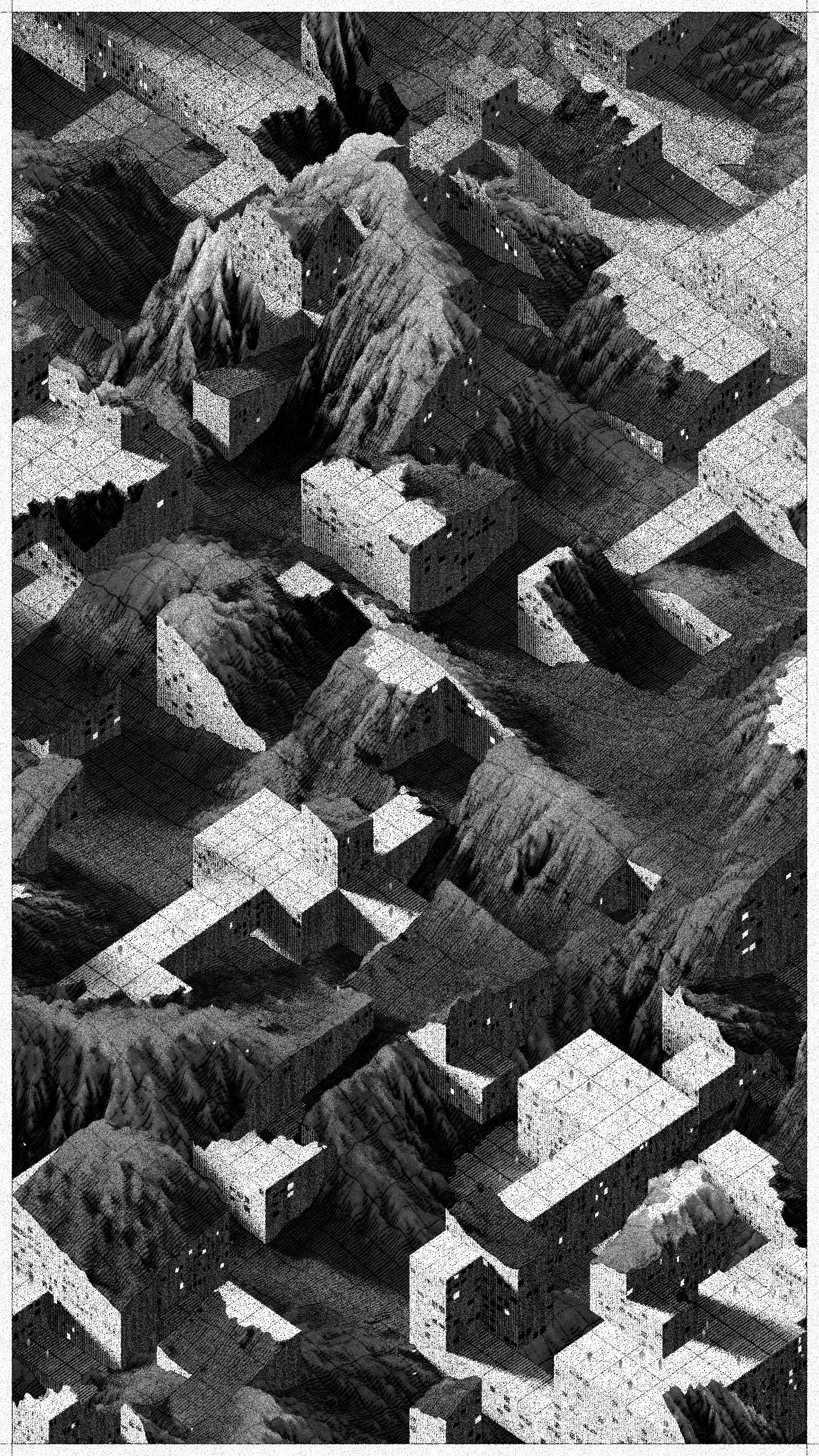 In aerial photos from 1945, you can see dozens of buildings crammed around the main street of Gallarta - a town 13 km northwest of Bilbao. The street leads to a small open pit where they extract iron. Images from 1956 and 1965 show how the road becomes shorter, and houses once surrounded by fields are now on the pit's edge. Some of them disappeared to facilitate access to the ore. The mine grew, consuming mountains, meadows, and settlements.

Gallarta disappeared in 1977, replaced by a chasm extending across the area until today. The open pit extraction in the mine stopped being profitable only six years later. The scar it left on the surface of the mountainous area is a monument to the disappearance of this and numerous other towns with similar stories.

Cantera is a project that brings these stories to a non-physical, generative space. It replaces atoms of stone and soil with digital bits. It draws landscapes inspired by the imagery of Basque stone quarries and iron mines and writes narratives about non-existent habitats where the boundaries between extraction, shelter, and natural forms become indistinct.