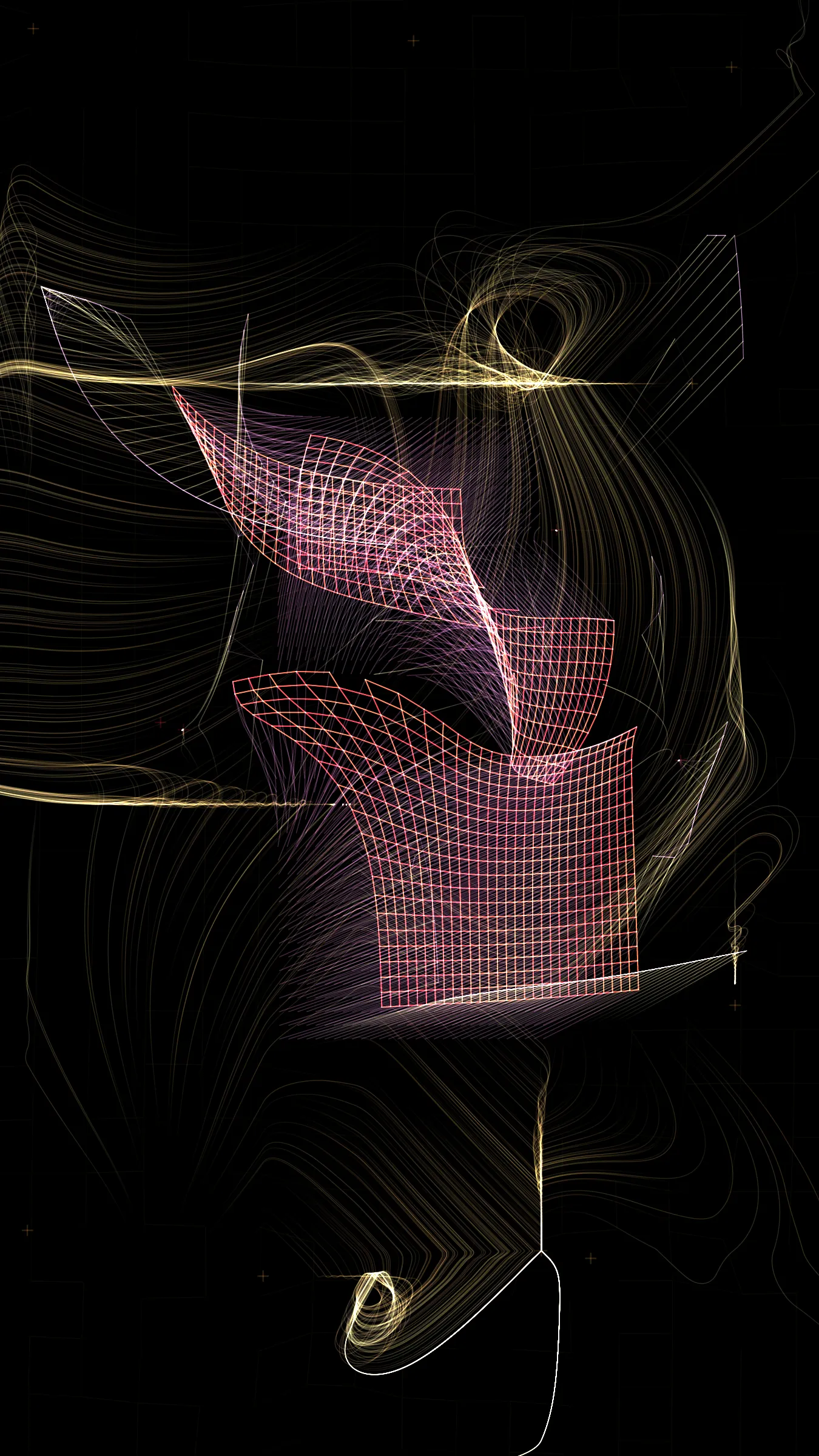 “Vértigo Las Luces” (Vertigo the Lights)  takes inspiration from long exposure photos I take in Buenos Aires. It’s made with several particle systems following two simple attractor systems. These particle systems are modified and tuned to compose the final images. In a way, it aims to reflect the unpredictability, the spontaneity and speed of the city.