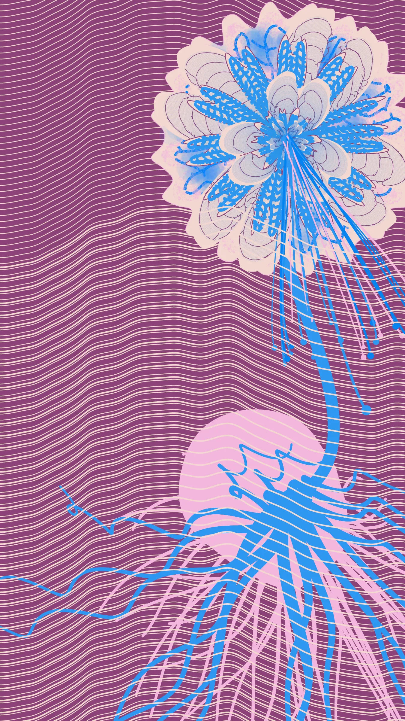 Underwater is a collection of 100 generative illustrations. The project portrays seven hypothetical species. Left to grow in the underground aquifer of Mexico City, these species are conceived as fictive descendants of ancient Mexican plants.  
The abstract aesthetic of the drawings is inspired by the pre-naturalist illustrations of medieval herbaria, especially the Libellus de Medicinalibus Indorum Herbis. To recreate the beauty of these early scientific illustrations through code, the superformula was combined with space colonization algorithms to generate tepal-like forms with characteristic patterns. 
The flowers that inspired this collection of generative plants are: *Dahlia coccinea*, *Chirahodendron pentadactylon*, *Magnolia dealbata*, *Tigridia pavonia*, *Helianthus armus* and *Sprekelia formosissima*.