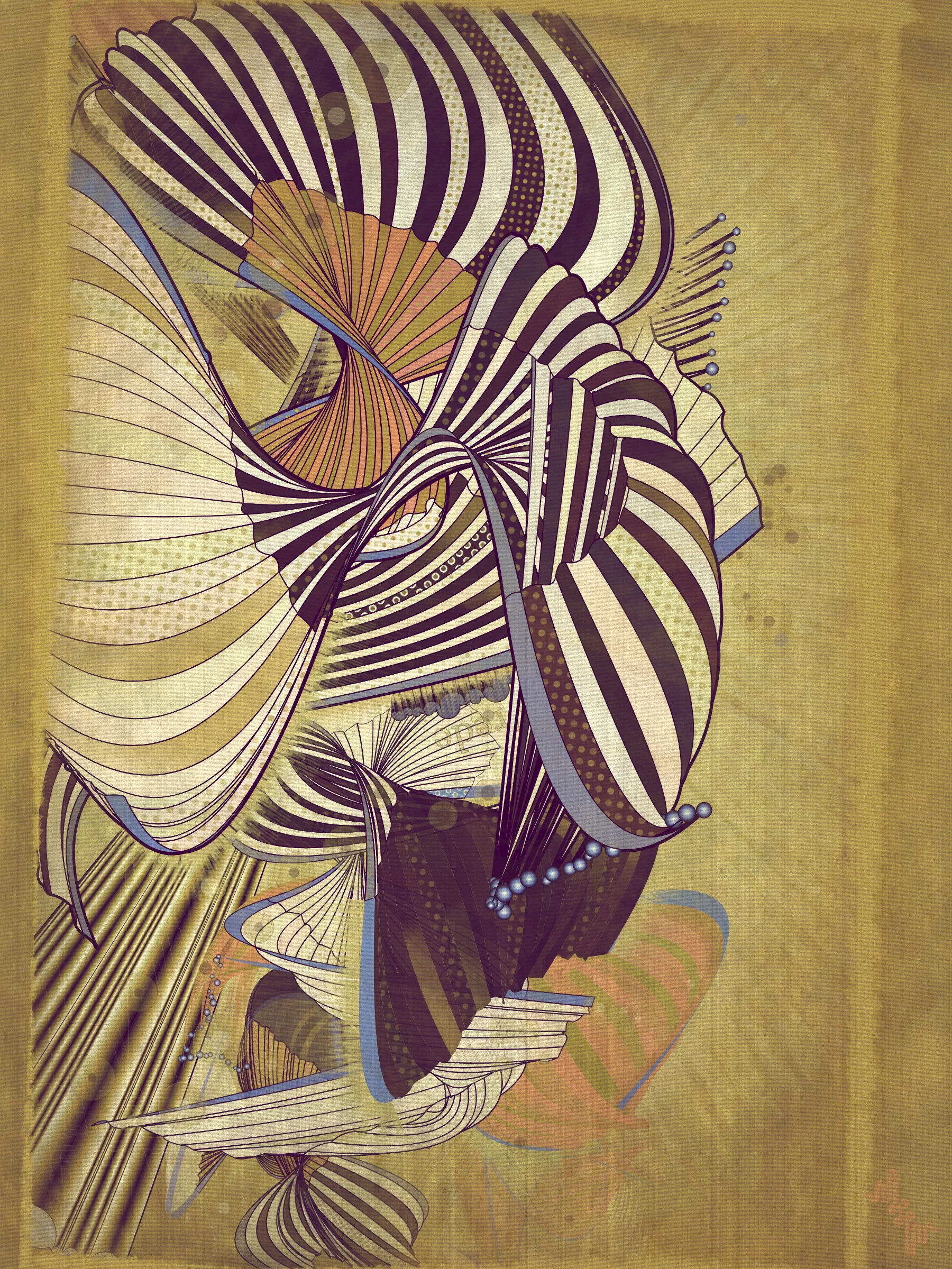 Velum: Latin for curtain.

Inspired by the question: What do you get if you blend the visual DNA of two mid 20th Century artistic movements into a 21st Century generative art algorithm?

The original ideas evolved by Abstract expressionism and Pop art tell very different stories in the history of post war American art. My approach however is more about just stealing from the visual lexicon of mark-making that characterizes these artistic movements ignoring much of the contextual conversations around them . When I started out building my first primitive for Velum I was picturing in my mind something that looked more like a gestural paint-stroke typical of abstract expressionistic painting. Adding Pop art stylized outlines to the structures however separated them from the background and gave them a floating quality. Liking this effect I quickly forgot about my first idea of making paint strokes to explore the emerging curtain-like elements and found ways to make them dance.