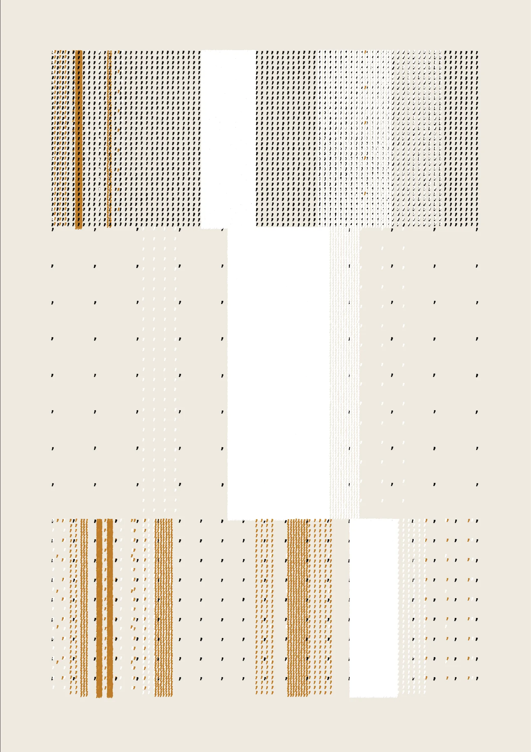 FOLIO is a generative drawing system, inspired by concrete poetry and early computer artwork, that emits an output process for a given input. Each output may be realized digitally, in print, or through another medium. The drawing system, coded in JavaScript, recursively packs bins of data to fill the page, constrained entirely by the use of typographic glyphs and a limited mono-, duo-, or tri-colour palette.