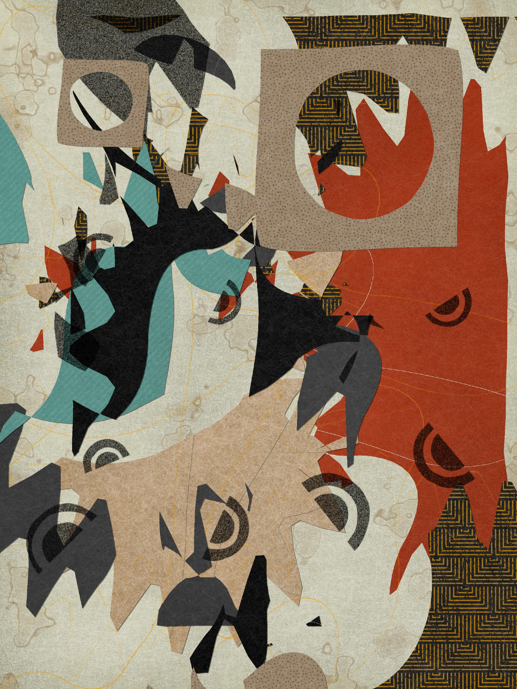 *Off Script* is a generative system that explores sensoriality through the subject of collage. At its core, the series uses a custom masking algorithm to cut out shapes from algorithmically produced papers, which are then arranged throughout the canvas. It is programmed in Javascript.

Much like the practice of collage itself, *Off Script* elicits a deeply sensorial experience. Generative textures induce a sense of tactility, while askew jagged shapes evoke the punctuated off-beat sounds of jazz. With its synesthetic qualities, the series challenges its own medium, creating a dialogue between the immateriality of digital representation and the corporality of the physical realm. 

*Off Script*'s visual language references various 20th century modern art movements that similarly emphasized medium and material through distilled expressions of shape, color, and composition.