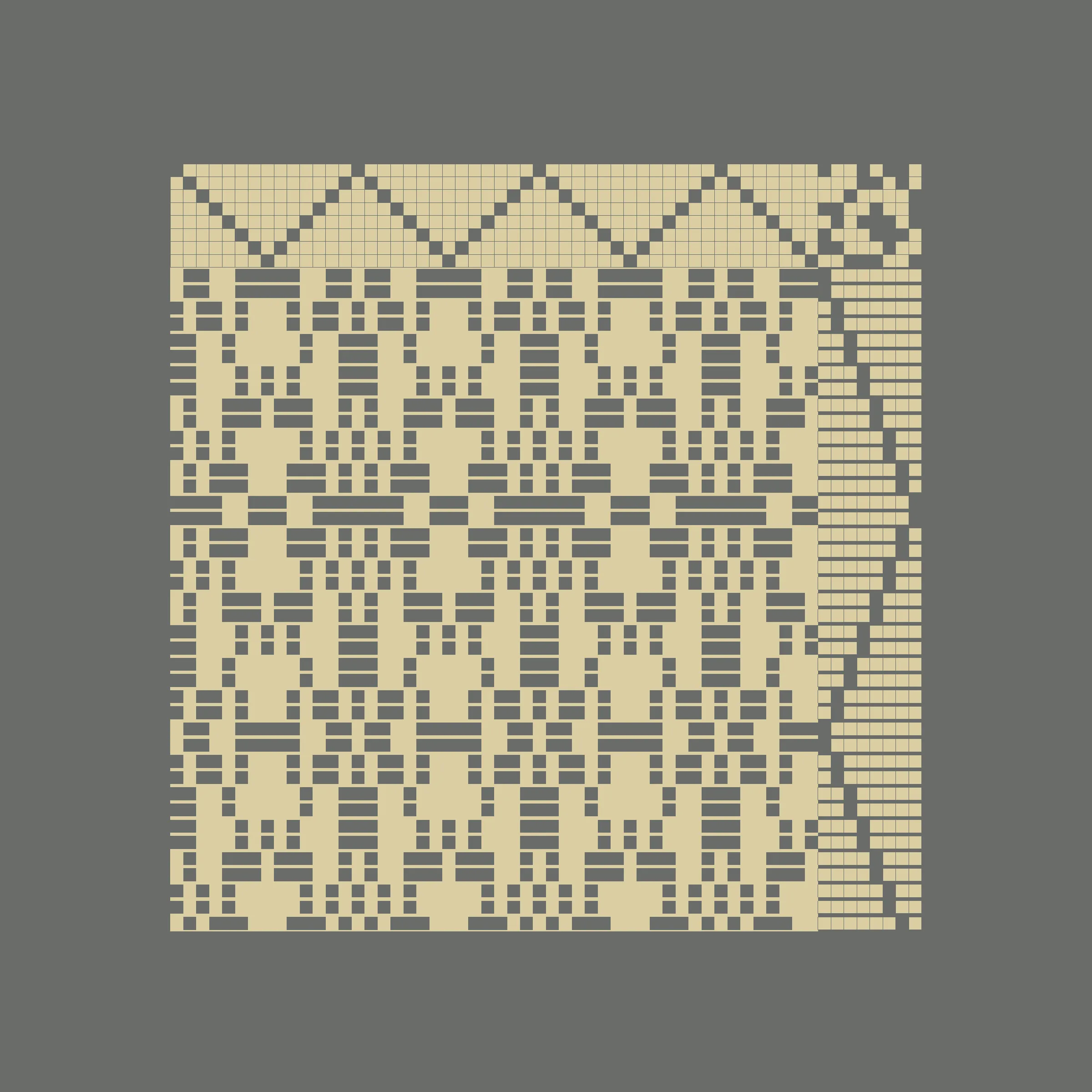 Enlace merges digital art with traditional cane weaving to craft physical objects from generative outputs. Each generative token is a piece of digital art and a set of instructions which can be used by the collector to create a unique chair or a woven canvas by Maison Louis Drucker, the historic Parisian chair manufacturer. The term "Enlace" denotes linking or intertwining in English and an embrace in French, emphasizing the project's aim to unite algorithmic code with the timeless human craft of weaving. Visually expressed through the format of the weaving draft, Enlace reduces its visual language, offering minimal instructions for creating woven pieces. It encodes potential rather than final product, providing the necessary instructions for crafting a woven chair or canvas, blending contemporary technology with traditional craftsmanship. By Aranda\Lasch in collaboration with Trame and Maison Louis Drucker.

's' to save image
't' to display text
