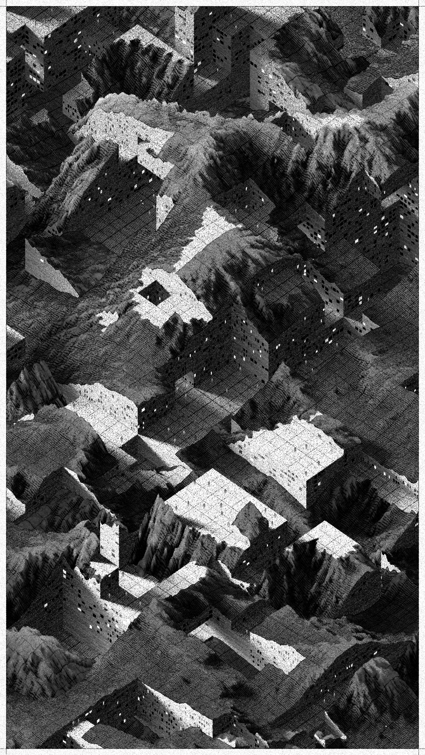 In aerial photos from 1945, you can see dozens of buildings crammed around the main street of Gallarta - a town 13 km northwest of Bilbao. The street leads to a small open pit where they extract iron. Images from 1956 and 1965 show how the road becomes shorter, and houses once surrounded by fields are now on the pit's edge. Some of them disappeared to facilitate access to the ore. The mine grew, consuming mountains, meadows, and settlements.

Gallarta disappeared in 1977, replaced by a chasm extending across the area until today. The open pit extraction in the mine stopped being profitable only six years later. The scar it left on the surface of the mountainous area is a monument to the disappearance of this and numerous other towns with similar stories.

Cantera is a project that brings these stories to a non-physical, generative space. It replaces atoms of stone and soil with digital bits. It draws landscapes inspired by the imagery of Basque stone quarries and iron mines and writes narratives about non-existent habitats where the boundaries between extraction, shelter, and natural forms become indistinct.