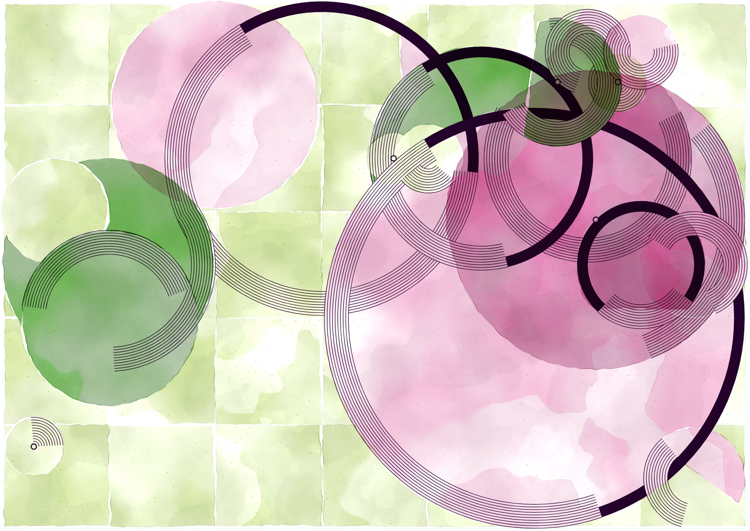 *Inprecision* is exploring the tension between the precision offered by computers and the imperfections inherent in classic art production approaches. The generative system is based on circles and triangles, perfectly aligned with each other and placed on a grid, but rendered with a technique inspired by the look of water color giving a high degree of imperfection in the rendered output. The precision of the underlying system is then again accentuated by a layer of hyper precise line drawings, outlining the used geometries and providing a scaffold for the underlying colors.

*Inprecision* further builds upon my quest to explore emergent compositions in generative systems. The system started with completely random placements of the different geometries, and gradually evolved by putting in the most minimal constraints to ensure an engaging final composition. In that way, *Inprecision* is an exercise in light-touch control with the aim to explore surprising compositions arising from randomness.

This series takes inspiration from both the color and line work of Wassily Kandinsky and the theories in the Suprematism movement. It asks the viewer to meditate on the texture of the paint and paper through its embrace of simple geometry and compositions devoid of literal interpretation.