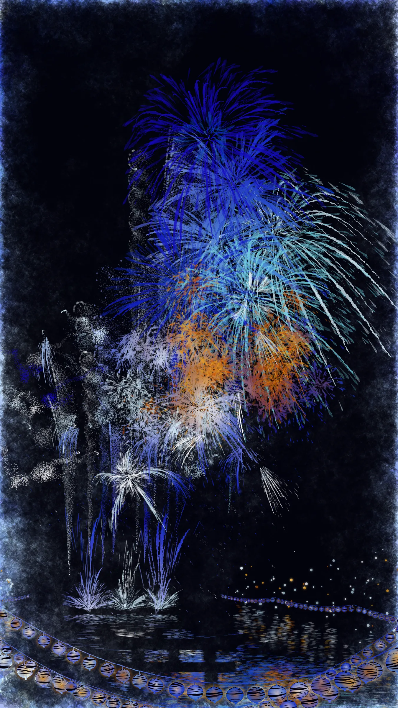 The theme of this work is fireworks and festivals, which symbolizes summer in Japan.

With fireworks as the central theme, it consists of the water surface reflecting the fireworks, the city lights in the distance, the silhouettes of the torii gates and arch bridge, and the twinkling lanterns. The shady black background expresses the smoky atmosphere.

The drawing algorithm of the work is inspired by traditional woodblock prints and contemporary scratch art. Base layer is drawn with pale watercolor-like gradation. On top of that, the shady black background is drawn. Then, the outline of the fireworks is carved out.

The color of fireworks is based on a chemical reaction called a flame reaction. The color palette of this work is also composed of typical flame reaction colors or their mixtures. Each color palette is inspired by the four seasons in Japan.

Enjoy the atmosphere of Japanese firework festivals with this work.