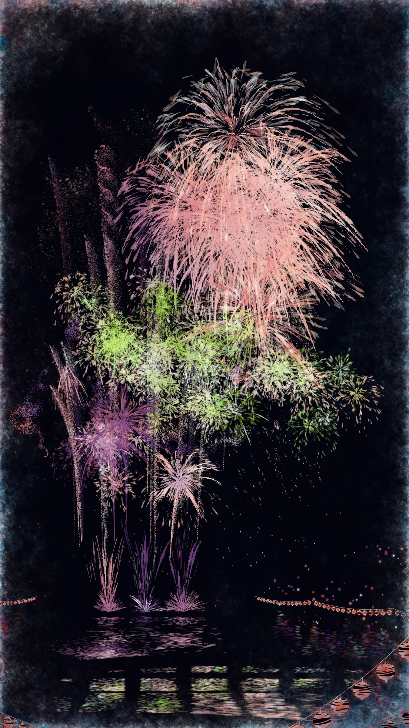 The theme of this work is fireworks and festivals, which symbolizes summer in Japan.

With fireworks as the central theme, it consists of the water surface reflecting the fireworks, the city lights in the distance, the silhouettes of the torii gates and arch bridge, and the twinkling lanterns. The shady black background expresses the smoky atmosphere.

The drawing algorithm of the work is inspired by traditional woodblock prints and contemporary scratch art. Base layer is drawn with pale watercolor-like gradation. On top of that, the shady black background is drawn. Then, the outline of the fireworks is carved out.

The color of fireworks is based on a chemical reaction called a flame reaction. The color palette of this work is also composed of typical flame reaction colors or their mixtures. Each color palette is inspired by the four seasons in Japan.

Enjoy the atmosphere of Japanese firework festivals with this work.
