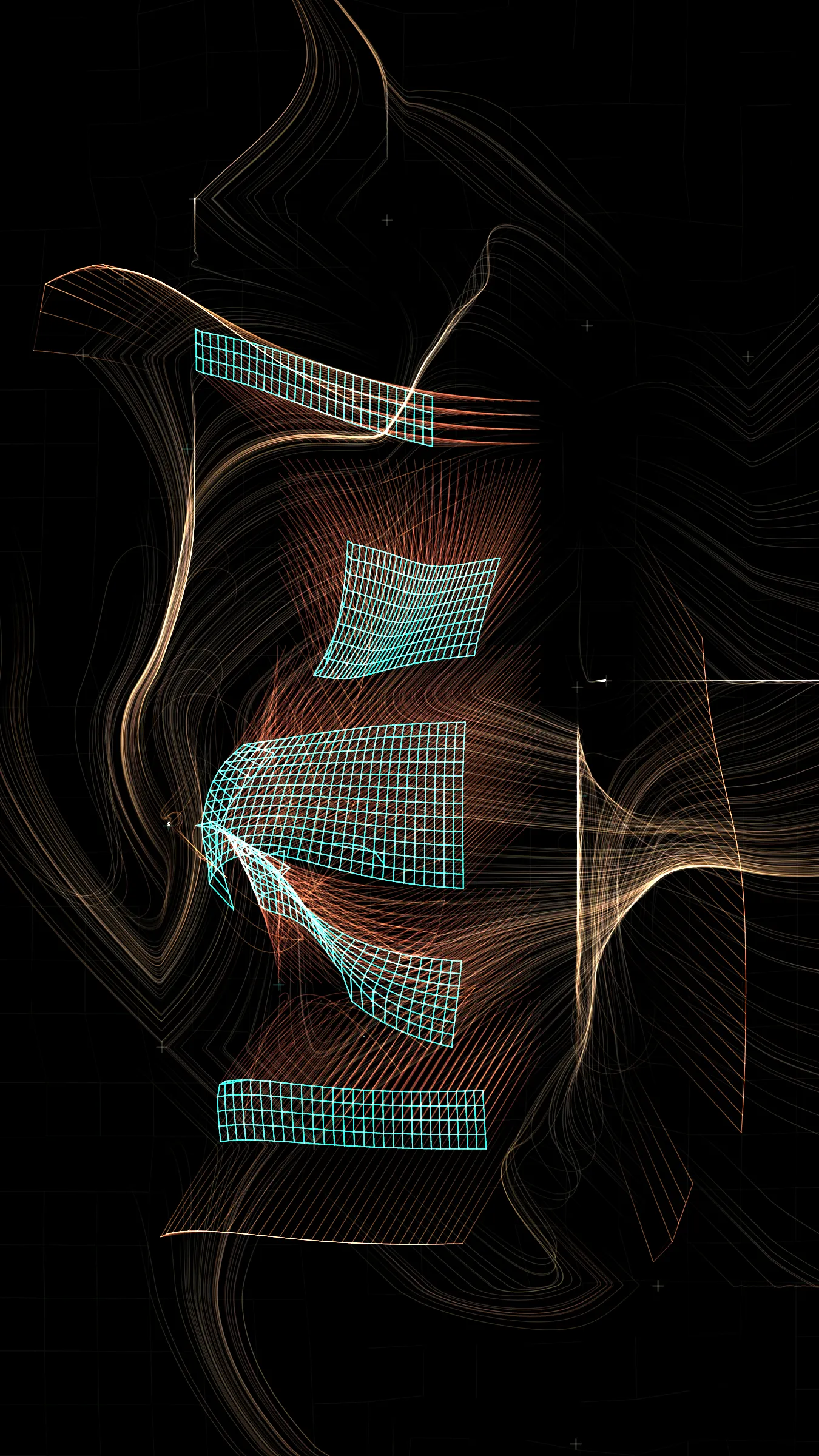 “Vértigo Las Luces” (Vertigo the Lights)  takes inspiration from long exposure photos I take in Buenos Aires. It’s made with several particle systems following two simple attractor systems. These particle systems are modified and tuned to compose the final images. In a way, it aims to reflect the unpredictability, the spontaneity and speed of the city.