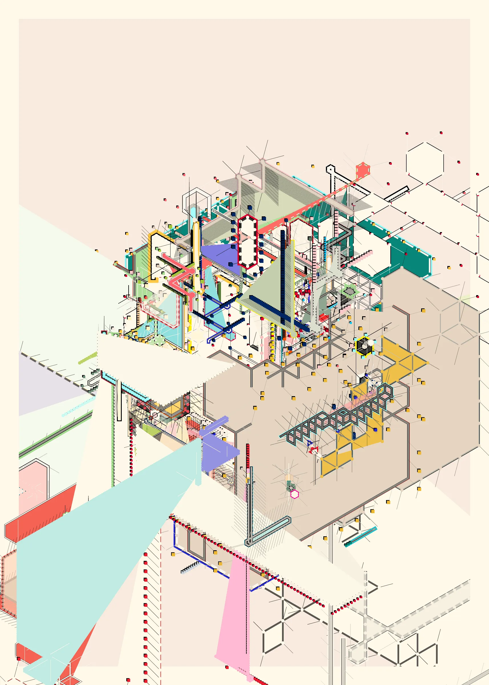 "Caminos" es la relación del trabajo de artista con el uso de colores y geometría a través de los los patrones, situaciones, personas y objetos en los mercados, las calles, los edificios, los colores y demás elementos que consituyen la ciudad. Esta obra es un tributo a esa cultura, similar a una ciudad que se va creando mediante capas, dando como resultado un caos formado a partir del color, de diversas geometrías y más elementos que van cambiando a través del tiempo.

La composicición final de este proyecto es conformada por 5 capas que van creandose con el paso de los segundos dentro de la obra. Con las teclas 1 - 5 puedes interactuar con cada capa que va generando la composición final dando la posibilidad al usuario de tener 5 piezas dentro de una obra, pero sobre todo generar una experiencia que le permita tomarse el tiempo necesario para explorar, encontrar, disfrutar distintos patrones y elementos dentro de cada capa y dentro de la composición final. Asi como explorar la ciudad, sus distintos espacios, situaciones y cambios con el paso de los años.