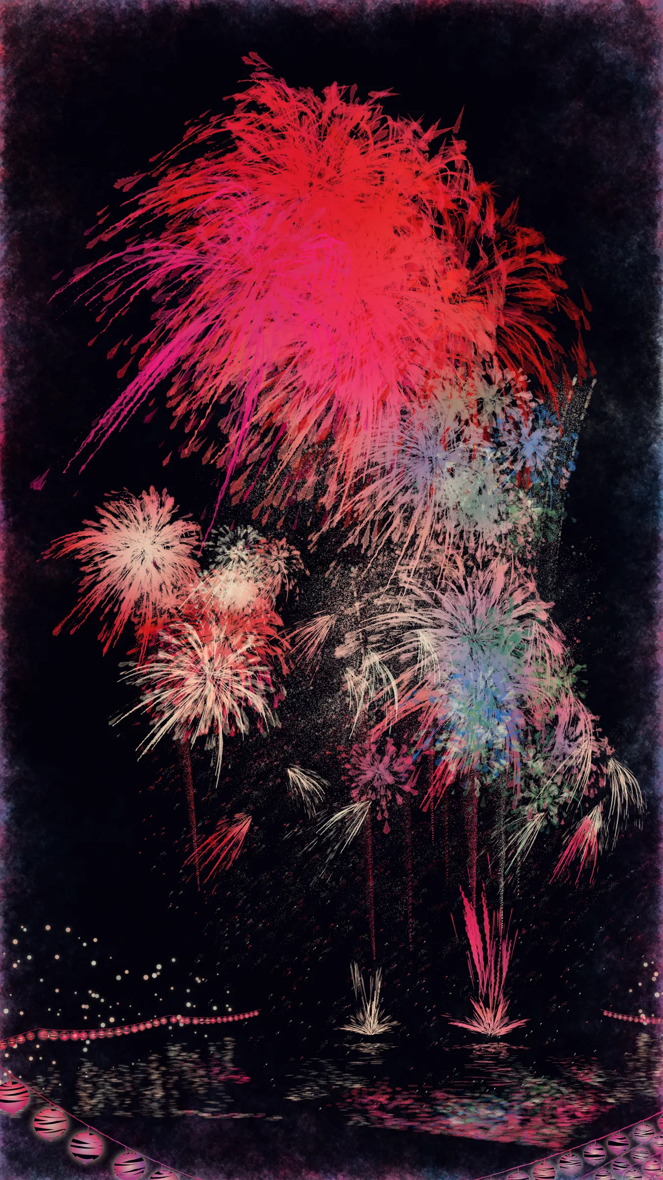 The theme of this work is fireworks and festivals, which symbolizes summer in Japan.

With fireworks as the central theme, it consists of the water surface reflecting the fireworks, the city lights in the distance, the silhouettes of the torii gates and arch bridge, and the twinkling lanterns. The shady black background expresses the smoky atmosphere.

The drawing algorithm of the work is inspired by traditional woodblock prints and contemporary scratch art. Base layer is drawn with pale watercolor-like gradation. On top of that, the shady black background is drawn. Then, the outline of the fireworks is carved out.

The color of fireworks is based on a chemical reaction called a flame reaction. The color palette of this work is also composed of typical flame reaction colors or their mixtures. Each color palette is inspired by the four seasons in Japan.

Enjoy the atmosphere of Japanese firework festivals with this work.