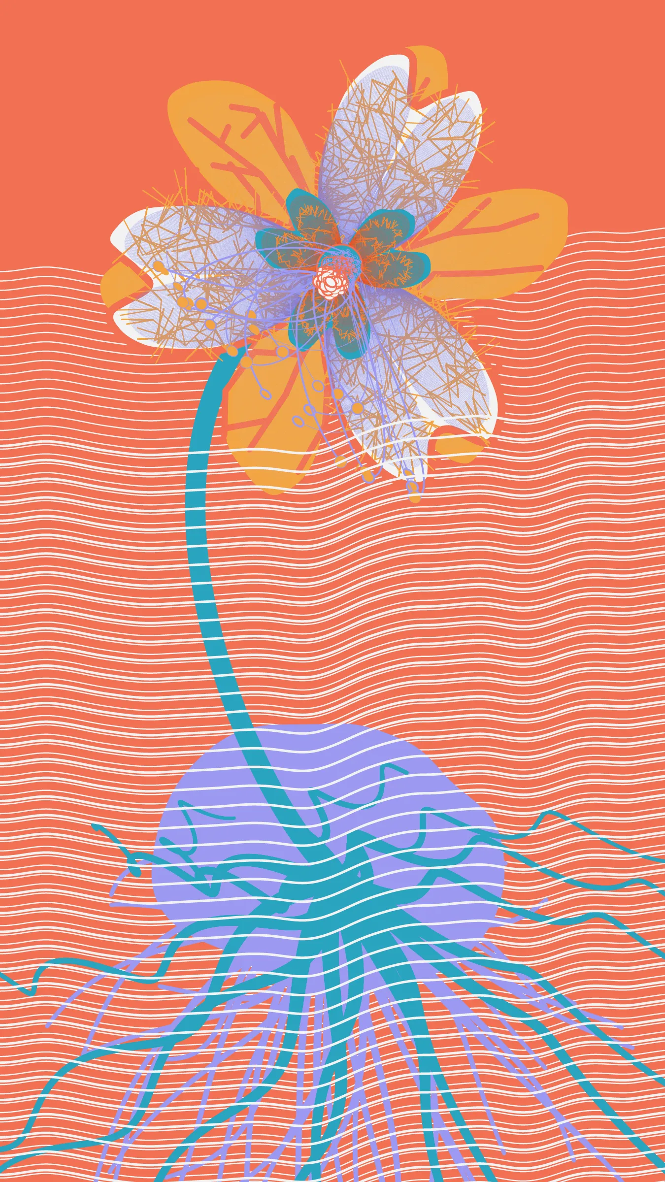 Underwater is a collection of 100 generative illustrations. The project portrays seven hypothetical species. Left to grow in the underground aquifer of Mexico City, these species are conceived as fictive descendants of ancient Mexican plants.  
The abstract aesthetic of the drawings is inspired by the pre-naturalist illustrations of medieval herbaria, especially the Libellus de Medicinalibus Indorum Herbis. To recreate the beauty of these early scientific illustrations through code, the superformula was combined with space colonization algorithms to generate tepal-like forms with characteristic patterns. 
The flowers that inspired this collection of generative plants are: *Dahlia coccinea*, *Chirahodendron pentadactylon*, *Magnolia dealbata*, *Tigridia pavonia*, *Helianthus armus* and *Sprekelia formosissima*.