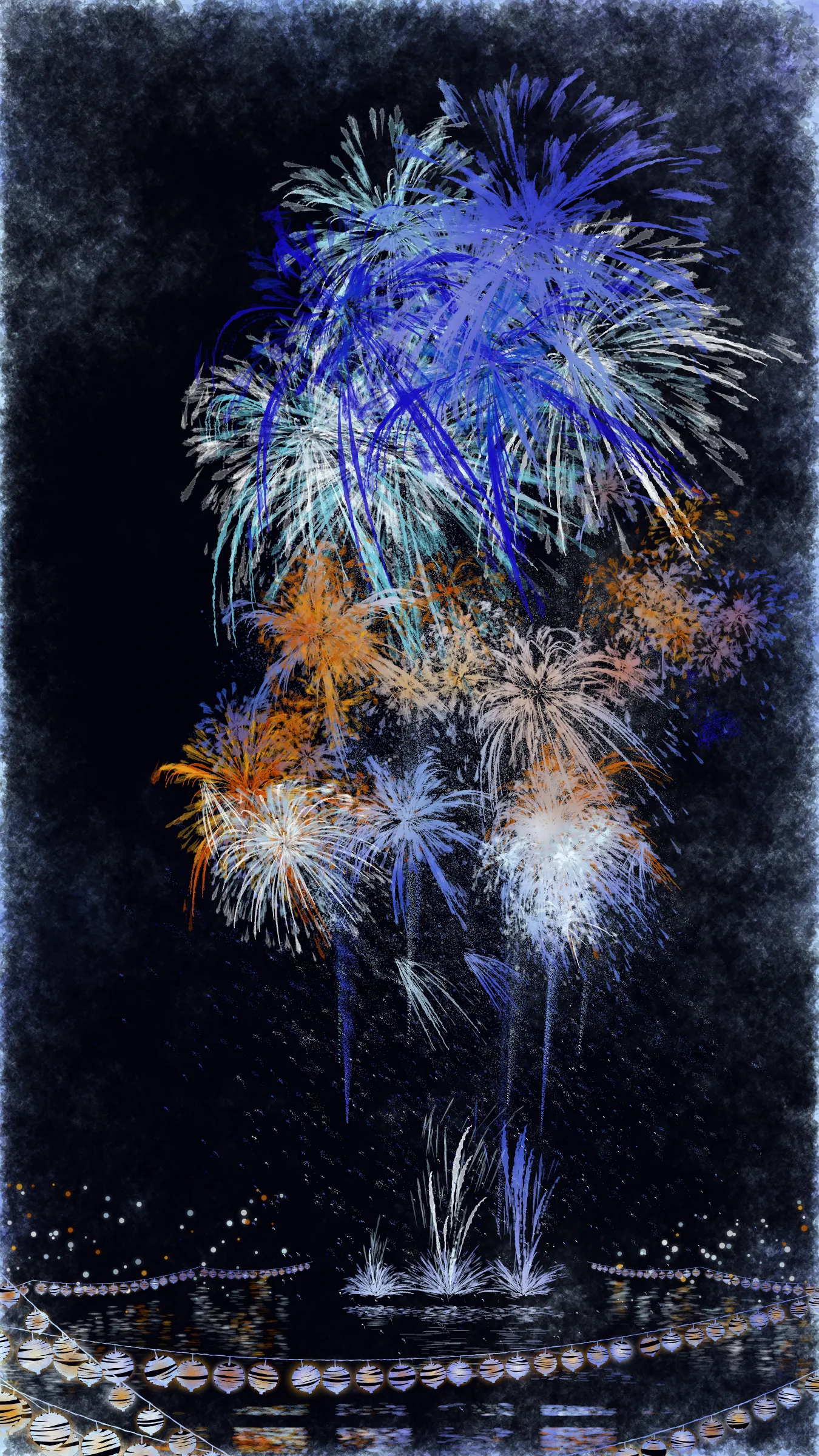 The theme of this work is fireworks and festivals, which symbolizes summer in Japan.

With fireworks as the central theme, it consists of the water surface reflecting the fireworks, the city lights in the distance, the silhouettes of the torii gates and arch bridge, and the twinkling lanterns. The shady black background expresses the smoky atmosphere.

The drawing algorithm of the work is inspired by traditional woodblock prints and contemporary scratch art. Base layer is drawn with pale watercolor-like gradation. On top of that, the shady black background is drawn. Then, the outline of the fireworks is carved out.

The color of fireworks is based on a chemical reaction called a flame reaction. The color palette of this work is also composed of typical flame reaction colors or their mixtures. Each color palette is inspired by the four seasons in Japan.

Enjoy the atmosphere of Japanese firework festivals with this work.