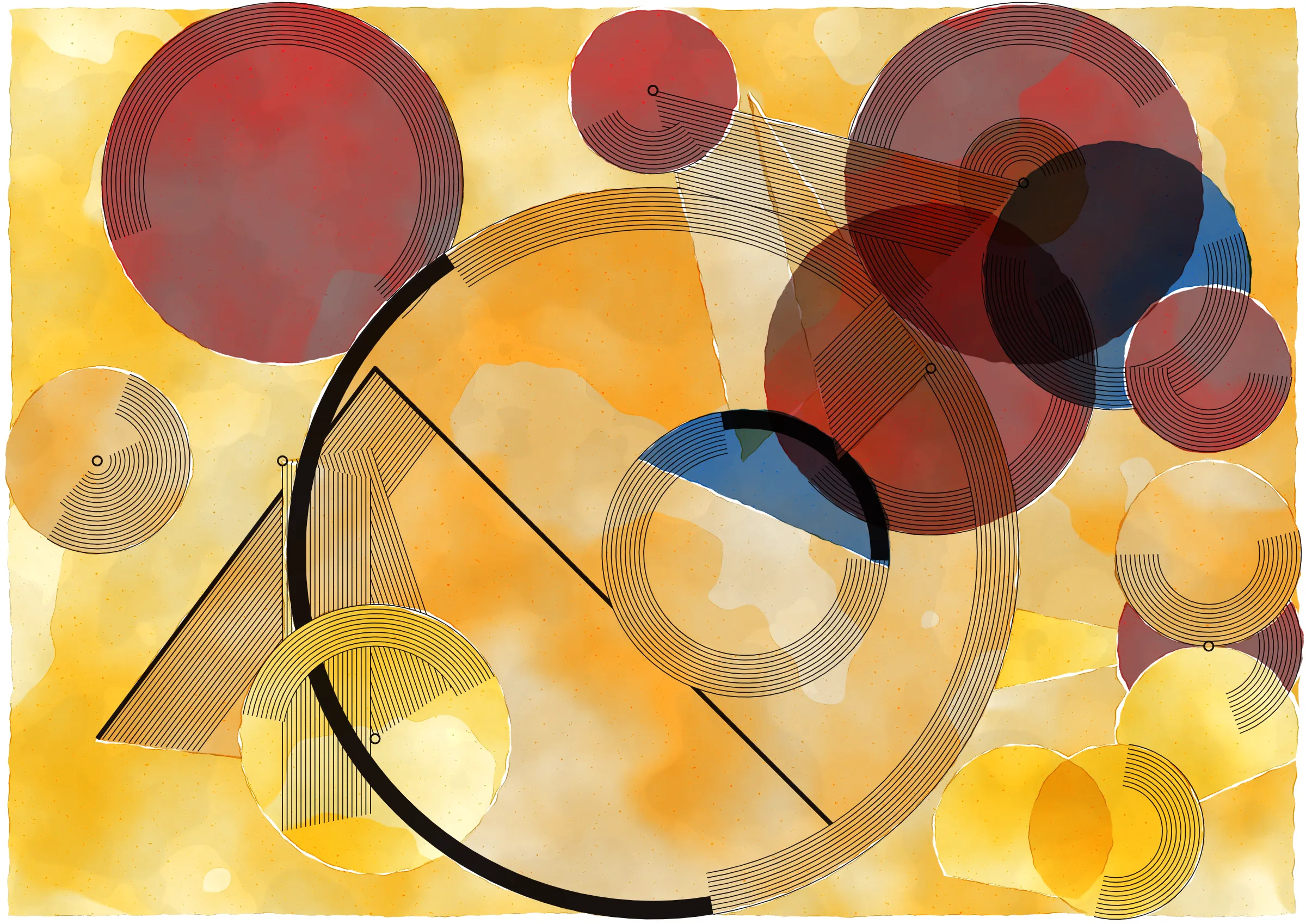 *Inprecision* is exploring the tension between the precision offered by computers and the imperfections inherent in classic art production approaches. The generative system is based on circles and triangles, perfectly aligned with each other and placed on a grid, but rendered with a technique inspired by the look of water color giving a high degree of imperfection in the rendered output. The precision of the underlying system is then again accentuated by a layer of hyper precise line drawings, outlining the used geometries and providing a scaffold for the underlying colors.

*Inprecision* further builds upon my quest to explore emergent compositions in generative systems. The system started with completely random placements of the different geometries, and gradually evolved by putting in the most minimal constraints to ensure an engaging final composition. In that way, *Inprecision* is an exercise in light-touch control with the aim to explore surprising compositions arising from randomness.

This series takes inspiration from both the color and line work of Wassily Kandinsky and the theories in the Suprematism movement. It asks the viewer to meditate on the texture of the paint and paper through its embrace of simple geometry and compositions devoid of literal interpretation.