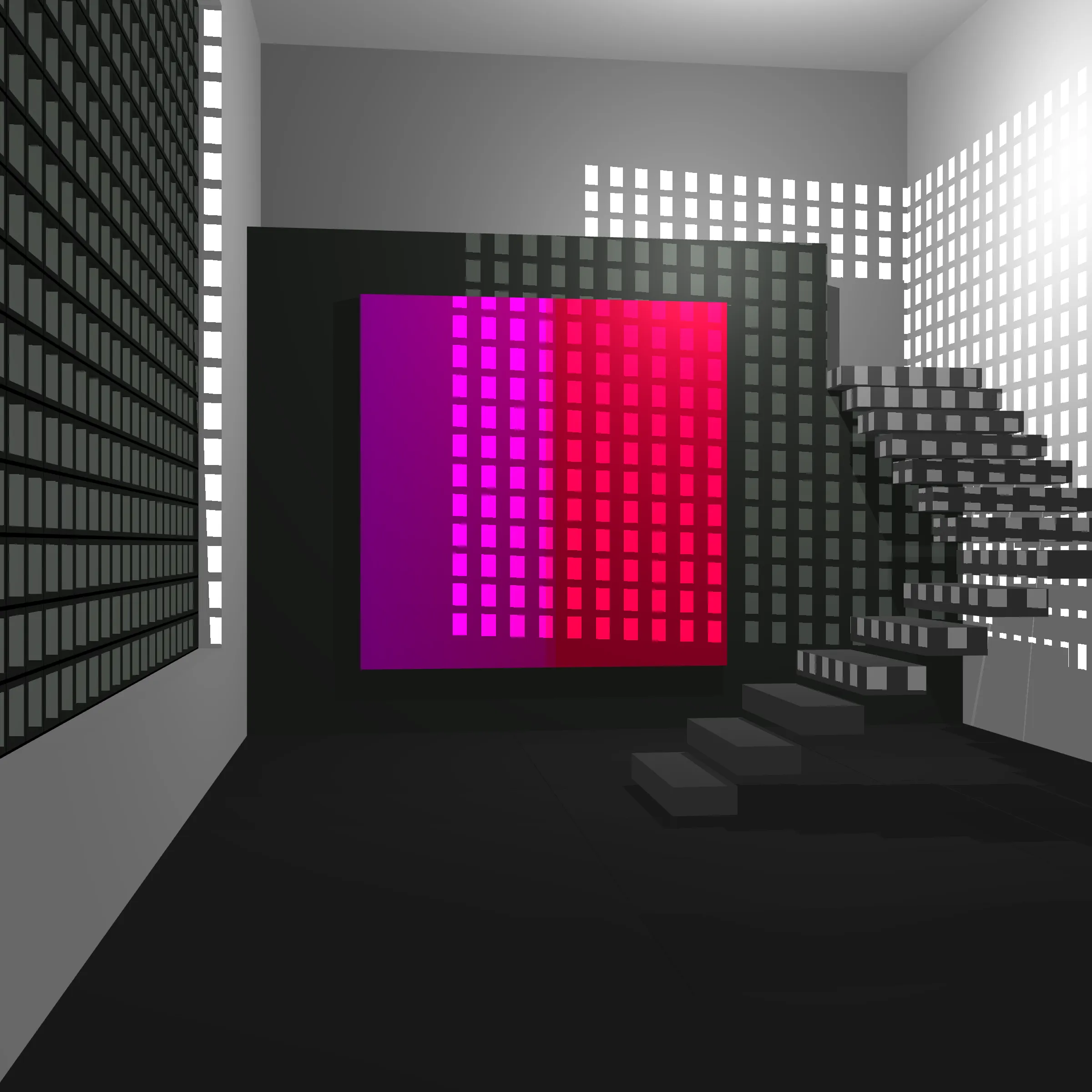 100 Untitled Spaces is an exploration of color and space juxtaposing a simple artwork within a minimalist architectural setting. 
 
Both Art and Architecture together can be powerful. By engaging with both one can develop a  meditative space where nearly infinite “moments” can be revealed as one moves around the virtual room. Further enhanced by shadows, this work is in part a reflection of time spent watching shadows cast across artwork on my  walls.
 
Drawing inspiration from Johannes Itten, Robert Irwin, and Luis Barragán, I worked with my Architect wife Mara to capture various moments inside of an algorithmically generated space. The result is an algorithm inside an algorithm, both generating the central artwork that represents my love and respect for color and the surrounding space as well as an optimal setting to experience that artwork. 
 
In each of these 100 spaces, the viewer is presented with a generated composition to experience a simple canvas inside of a minimalist space. Each is unique, yet informed by the rest of the set. 
 
The opportunity to collaborate with Mara has provided aesthetic boundaries for these spaces as I parametrized the configuration of a simple adobe style room with various options for stair types, penetrations, flooring, camera position, and shadows. Everything from the tile on the floor, the Marfa and Mexico City inspired architecture, to the colors and minimalistic environment represents who I am, and the spaces that Mara and I have created in our imaginations, as well as in real life.