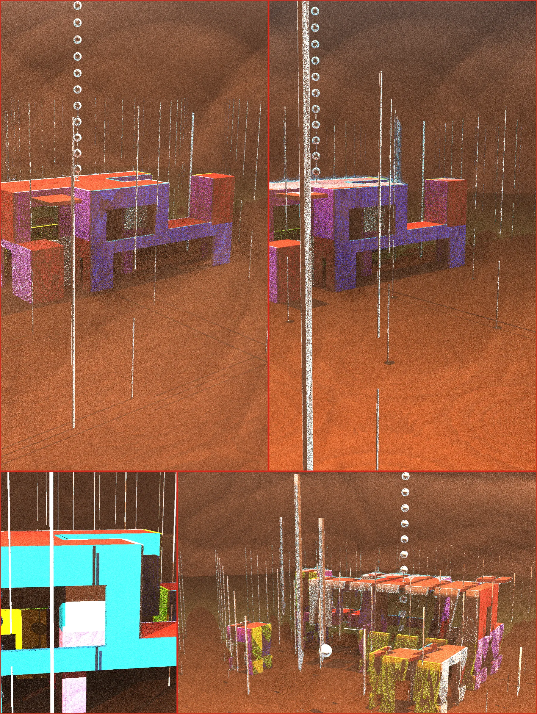 Light and shadow define the space of our lives. Influence our thoughts, memories, wishes and dreams. Reality and irreality touch and connect in various points in our minds, being lucid and illucid at the same time. Through light and shadow we see the presence of what is not there (lo que no está). Our gone loved ones. The things we aspire to but are not here yet. The things that will never be. The outer world which we can only imagine, as it is outside of the bounds of our mind and existence. This project is inspired in the streaks of light on the walls we inhabit, by the shadows, by the dreams we create, the illusions we have. The colours and volumes of architecture, through light and shadow, have always played a vital role in the activities I carry around within any given space. The project is a tribute to those spaces, to those thoughts, to the architects that through colour and space bring the possibility of reflecting on those matters.

I am interested in the notion of a work that is not represented only by one single view, one single artifact. Much like music, dance and any other performing art, which cannot be grasped in one single shot, some of my pieces aim at encouraging exploration that delves into the same realm. The preview image is, then, precisely just that: a preview of a little world that the piece contains. The piece lets the viewer generate infinite views over its small universe, yielding different sets of parameters, angles, distortions. Life is maybe the same thing: our changing view of our world, subject to our mood, expectations, recent experiences, memories, etc. Some day we feel bright, next day it's all a distorted, surreal version of the same thing, which feels like a different reality. But it isn't. 

The project has a number of commands that allow for exploration of the work. Press s to save the current image (it will download other files as well). Append ?pd=3 to the URL in live view to set pixel density to 3 (increasing resolution). You can try with arbitrary N as long as your graphics card supports it.

For a full list of commands and options, press "i" (instructions) and the piece will download a text file with all the commands and instructions, or refer to https://www.iillucid.com/loquenoesta.